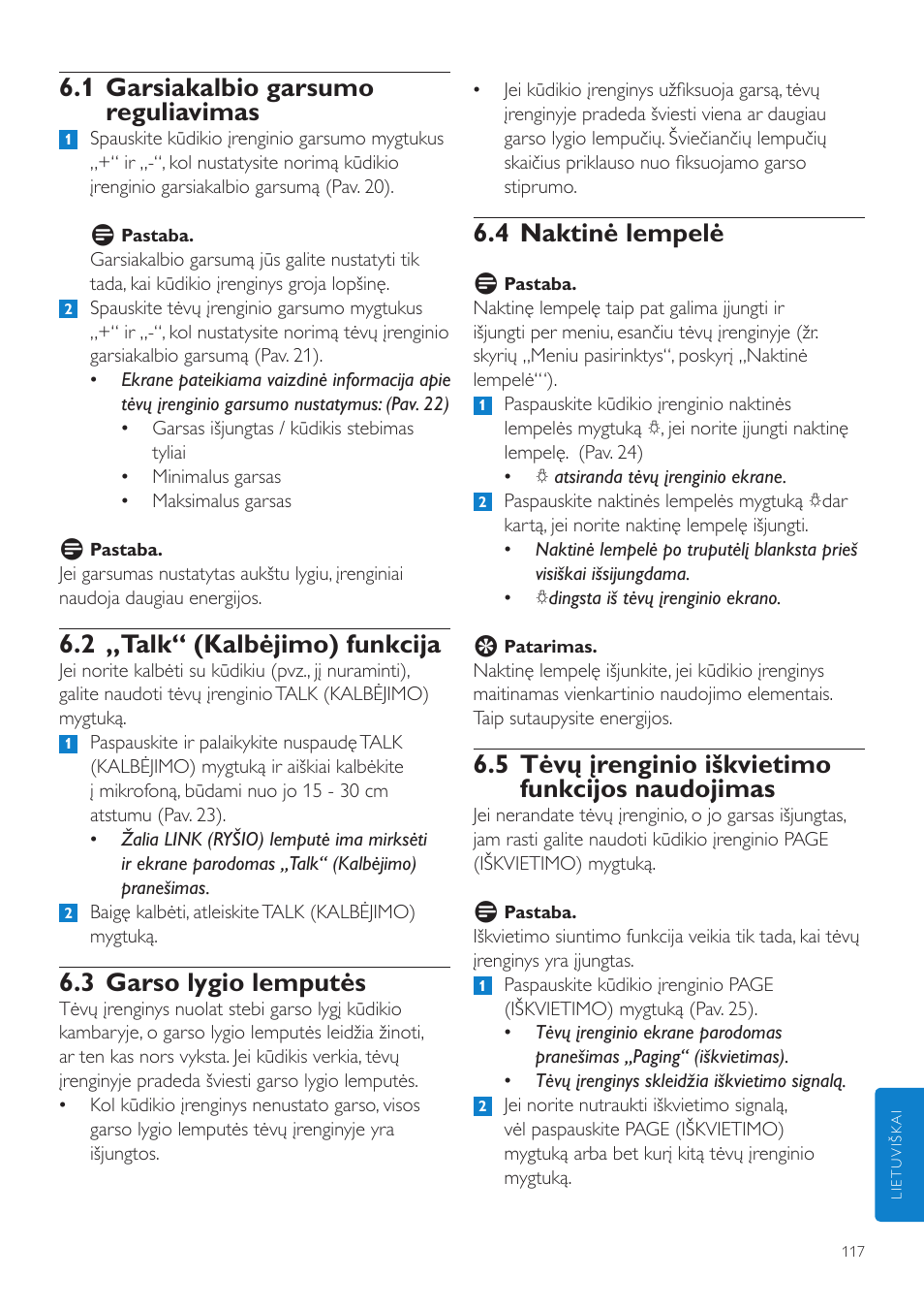 4 naktinė lempelė, 5 tėvų įrenginio iškvietimo funkcijos naudojimas, 1 garsiakalbio garsumo reguliavimas | 2 „talk“ (kalbėjimo) funkcija, 3 garso lygio lemputės | Philips SCD525 User Manual | Page 117 / 252