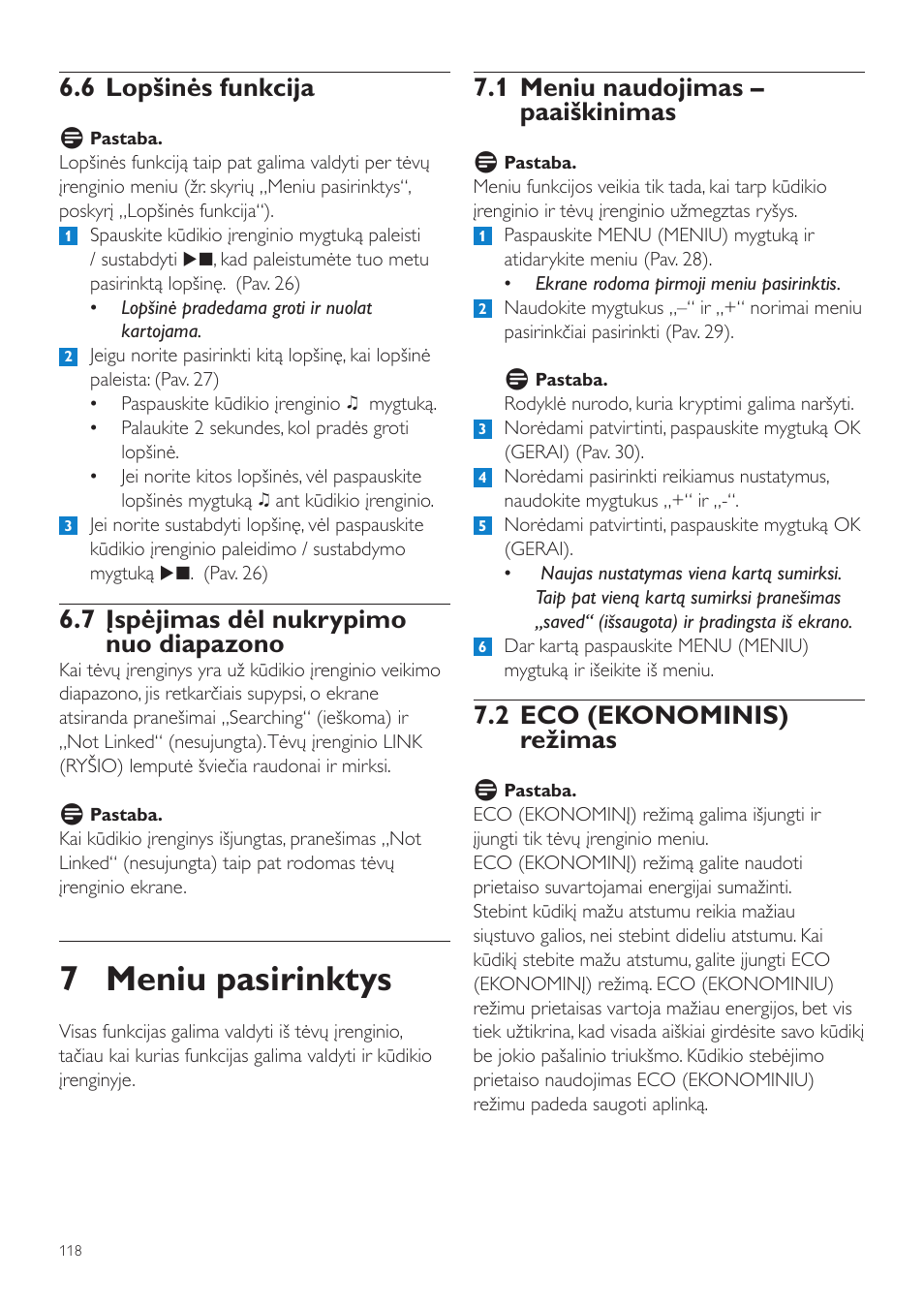 7 meniu pasirinktys, 1 meniu naudojimas – paaiškinimas, 2 eco (ekonominis) režimas | 6 lopšinės funkcija, 7 įspėjimas dėl nukrypimo nuo diapazono | Philips SCD525 User Manual | Page 118 / 252