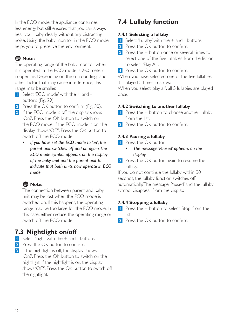 4 lullaby function, 3 nightlight on/off | Philips SCD525 User Manual | Page 12 / 252