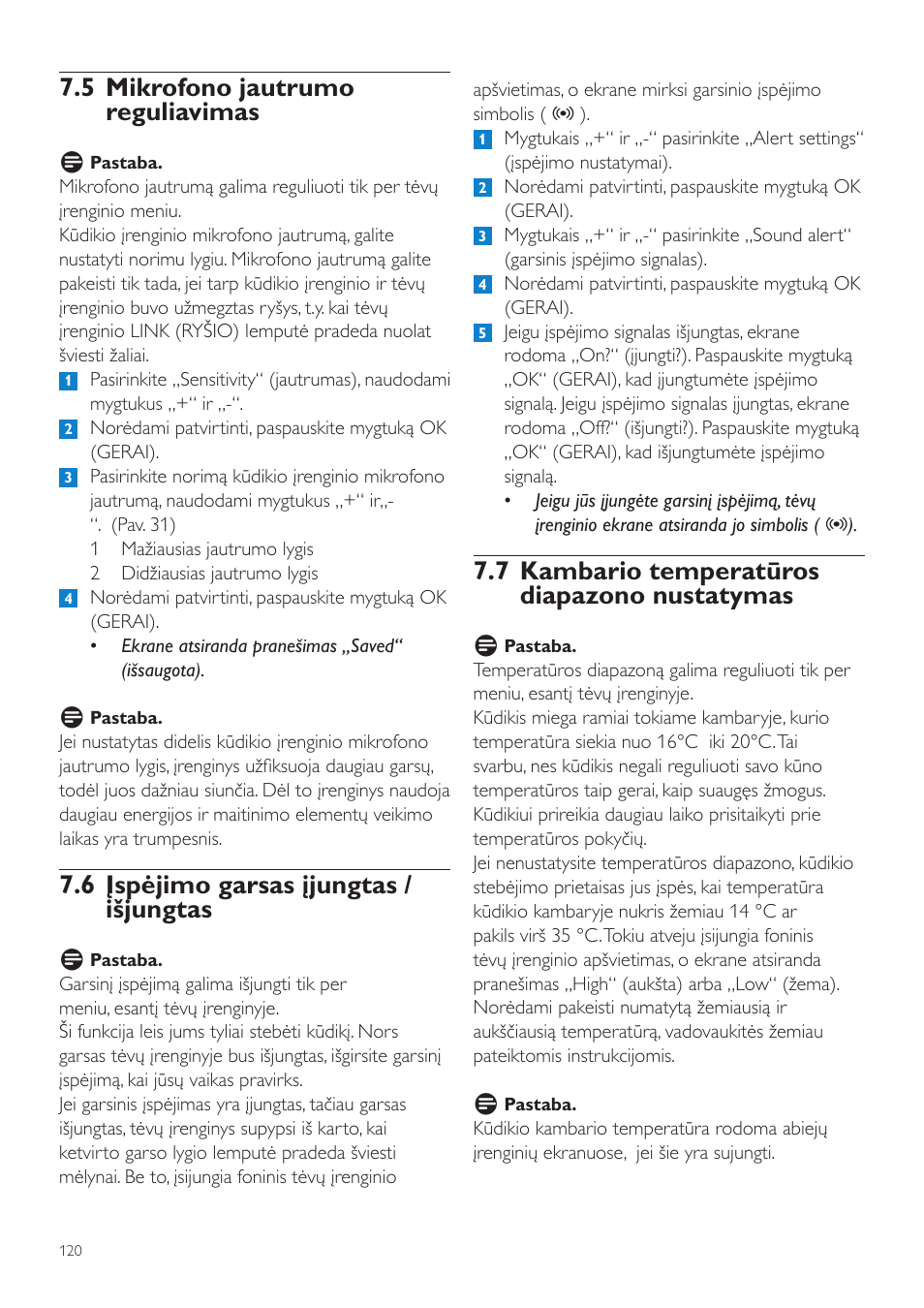 7 kambario temperatūros diapazono nustatymas, 5 mikrofono jautrumo reguliavimas, 6 įspėjimo garsas įjungtas / išjungtas | Philips SCD525 User Manual | Page 120 / 252