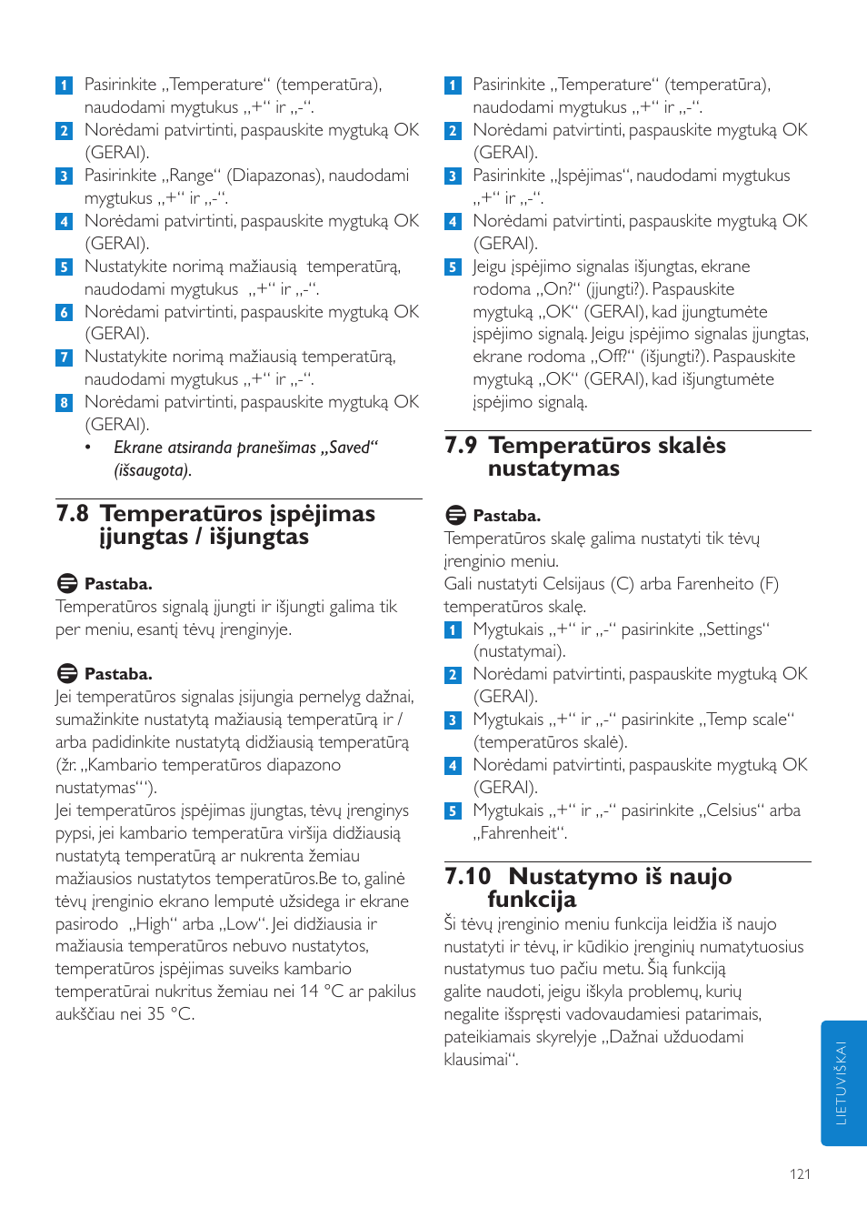 9 temperatūros skalės nustatymas, 10 nustatymo iš naujo funkcija, 8 temperatūros įspėjimas įjungtas / išjungtas | Philips SCD525 User Manual | Page 121 / 252