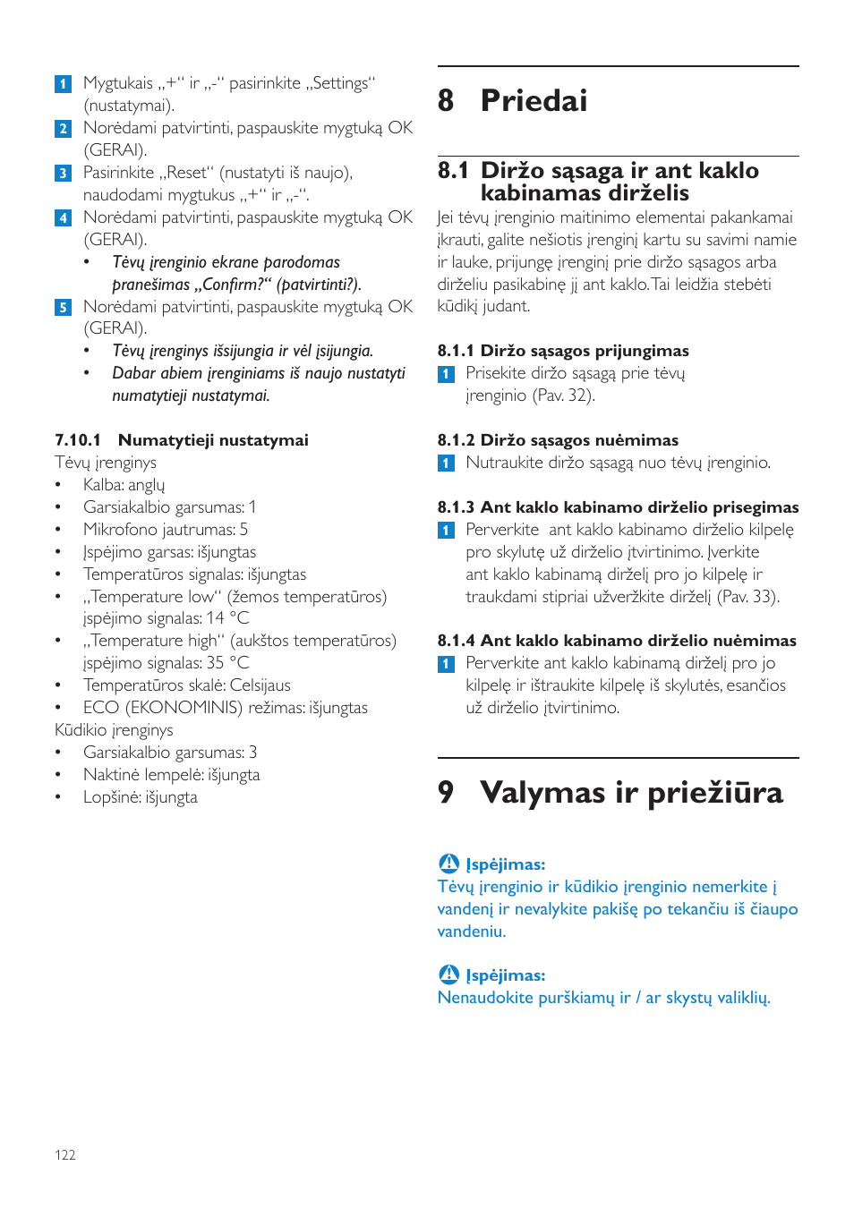 8 priedai, 9 valymas ir priežiūra, 1 diržo sąsaga ir ant kaklo kabinamas dirželis | Philips SCD525 User Manual | Page 122 / 252