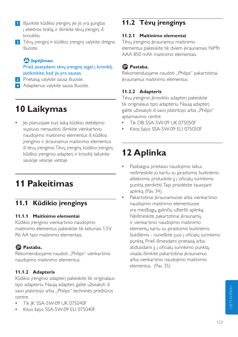 12 aplinka, 10 laikymas, 11 pakeitimas | 2 tėvų įrenginys, 1 kūdikio įrenginys | Philips SCD525 User Manual | Page 123 / 252