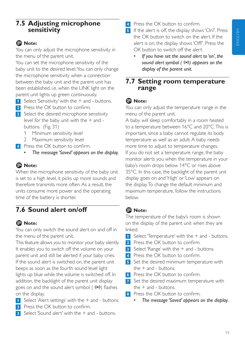 7 setting room temperature range, 5 adjusting microphone sensitivity, 6 sound alert on/off | Philips SCD525 User Manual | Page 13 / 252