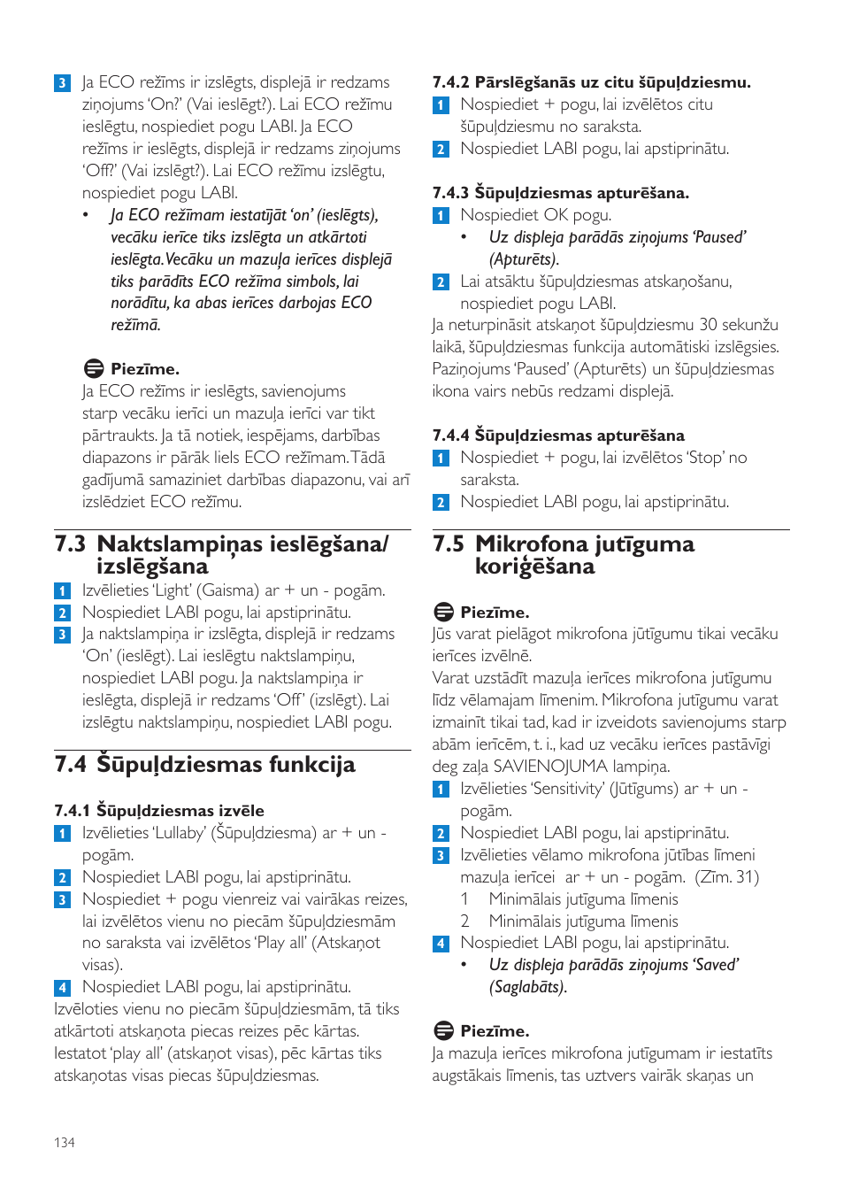 5 mikrofona jutīguma koriģēšana, 3 naktslampiņas ieslēgšana/ izslēgšana, 4 šūpuļdziesmas funkcija | Philips SCD525 User Manual | Page 134 / 252