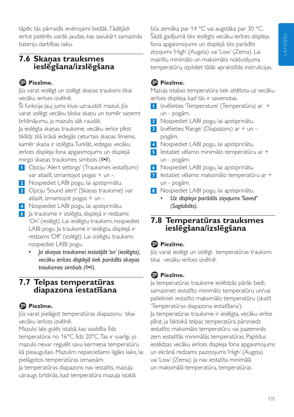 8 temperatūras trauksmes ieslēgšana/izslēgšana, 6 skaņas trauksmes ieslēgšana/izslēgšana, 7 telpas temperatūras diapazona iestatīšana | Philips SCD525 User Manual | Page 135 / 252