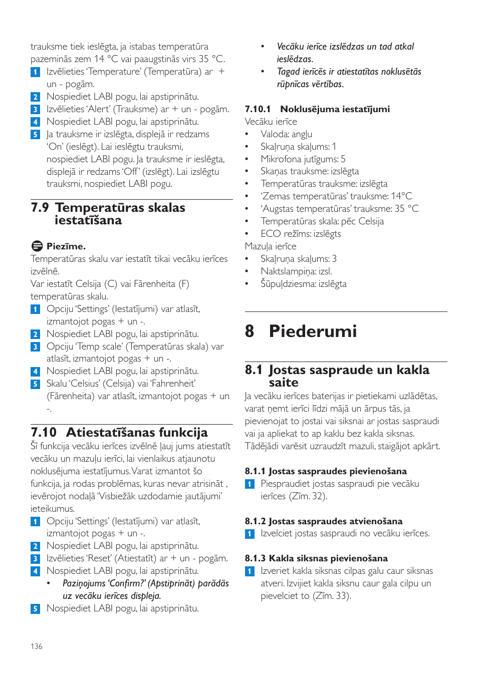 8 piederumi, 1 jostas saspraude un kakla saite, 9 temperatūras skalas iestatīšana | 10 atiestatīšanas funkcija | Philips SCD525 User Manual | Page 136 / 252