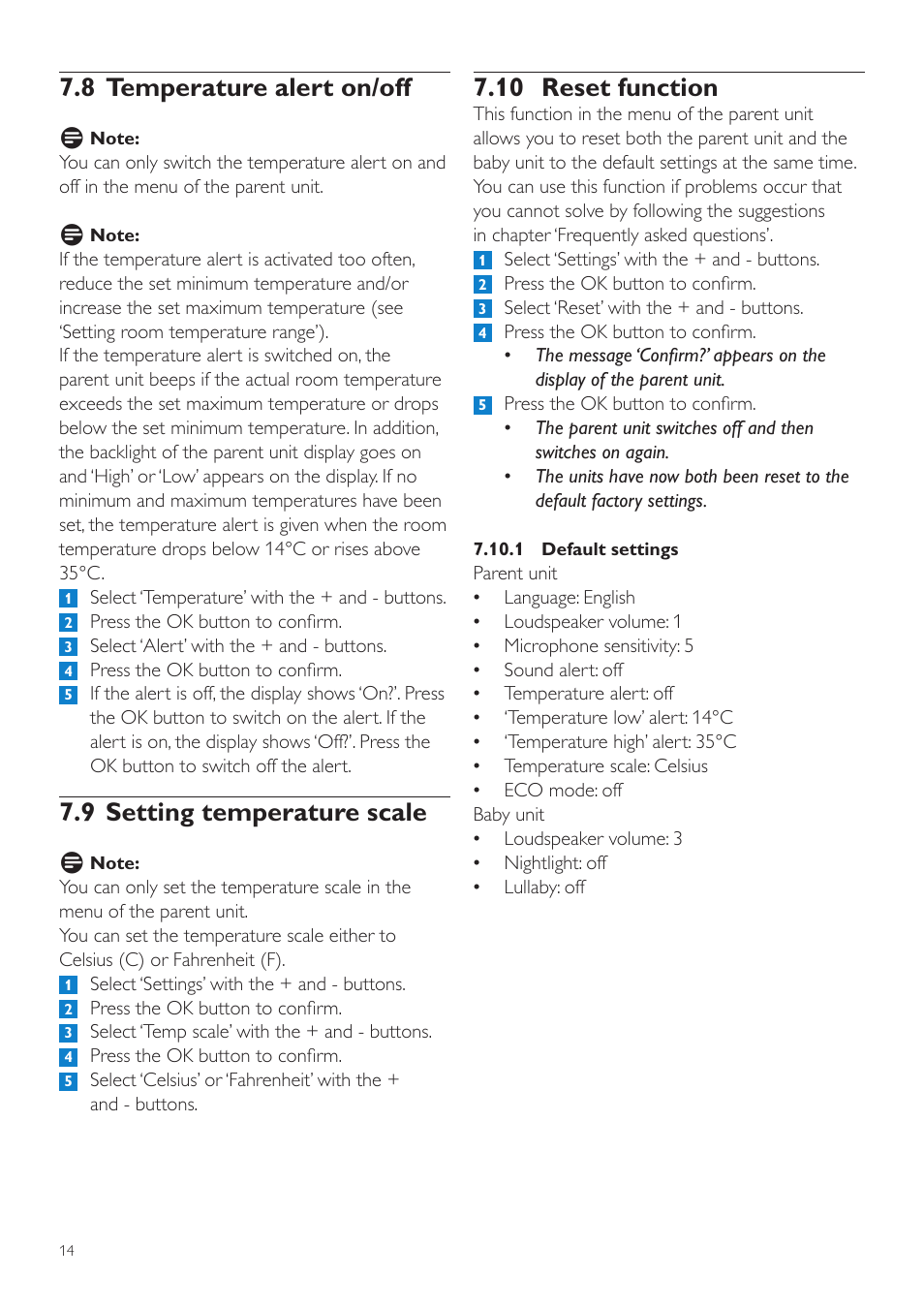 10 reset function, 8 temperature alert on/off, 9 setting temperature scale | Philips SCD525 User Manual | Page 14 / 252