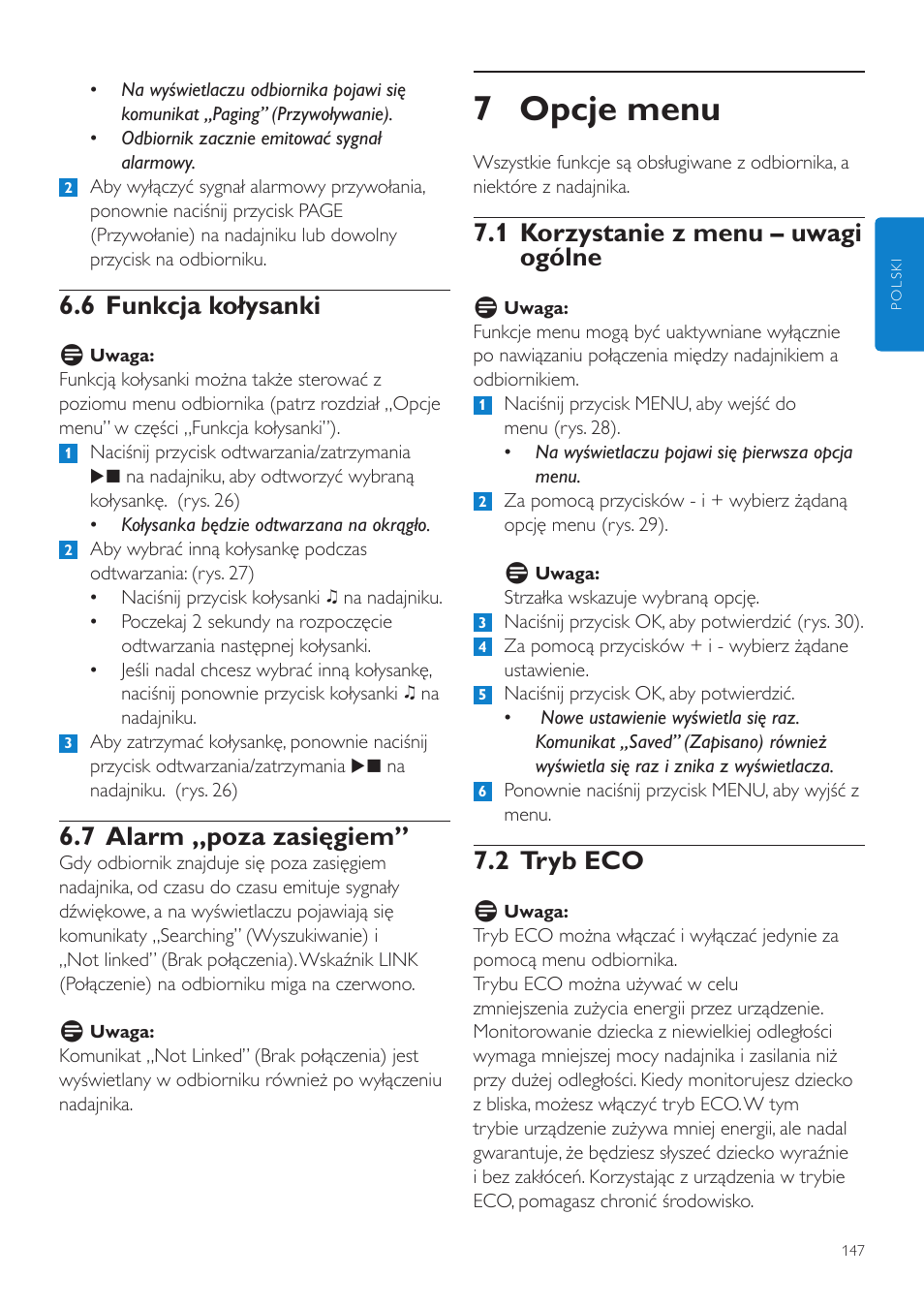 7 opcje menu, 1 korzystanie z menu – uwagi ogólne, 2 tryb eco | 6 funkcja kołysanki, 7 alarm „poza zasięgiem | Philips SCD525 User Manual | Page 147 / 252