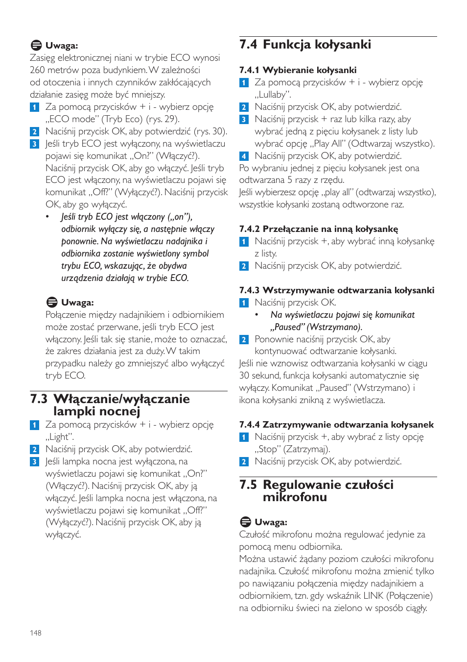 4 funkcja kołysanki, 5 regulowanie czułości mikrofonu, 3 włączanie/wyłączanie lampki nocnej | Philips SCD525 User Manual | Page 148 / 252