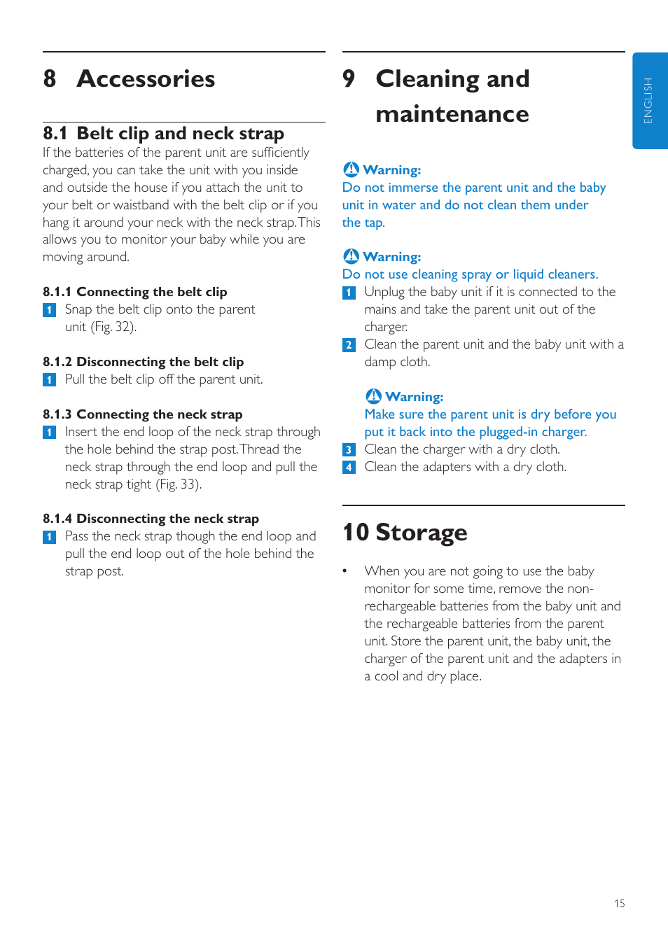 9 cleaning and maintenance, 10 storage, 8 accessories | 1 belt clip and neck strap | Philips SCD525 User Manual | Page 15 / 252