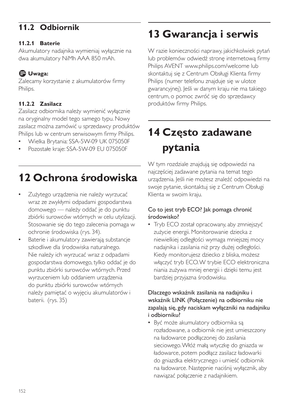 13 gwarancja i serwis, 14 często zadawane pytania, 12 ochrona środowiska | 2 odbiornik | Philips SCD525 User Manual | Page 152 / 252