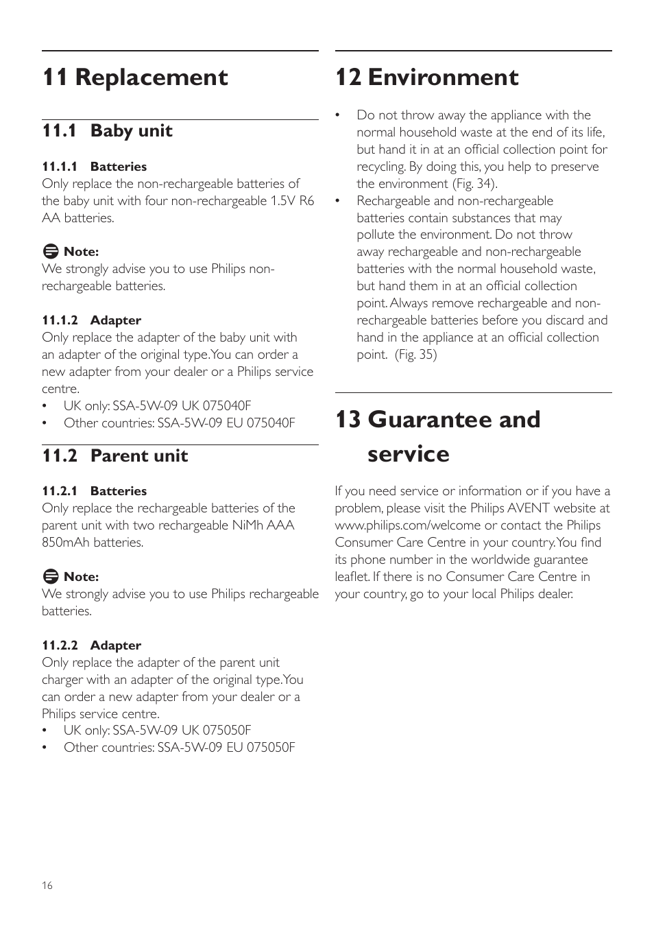 12 environment, 13 guarantee and service, 11 replacement | 1 baby unit, 2 parent unit | Philips SCD525 User Manual | Page 16 / 252