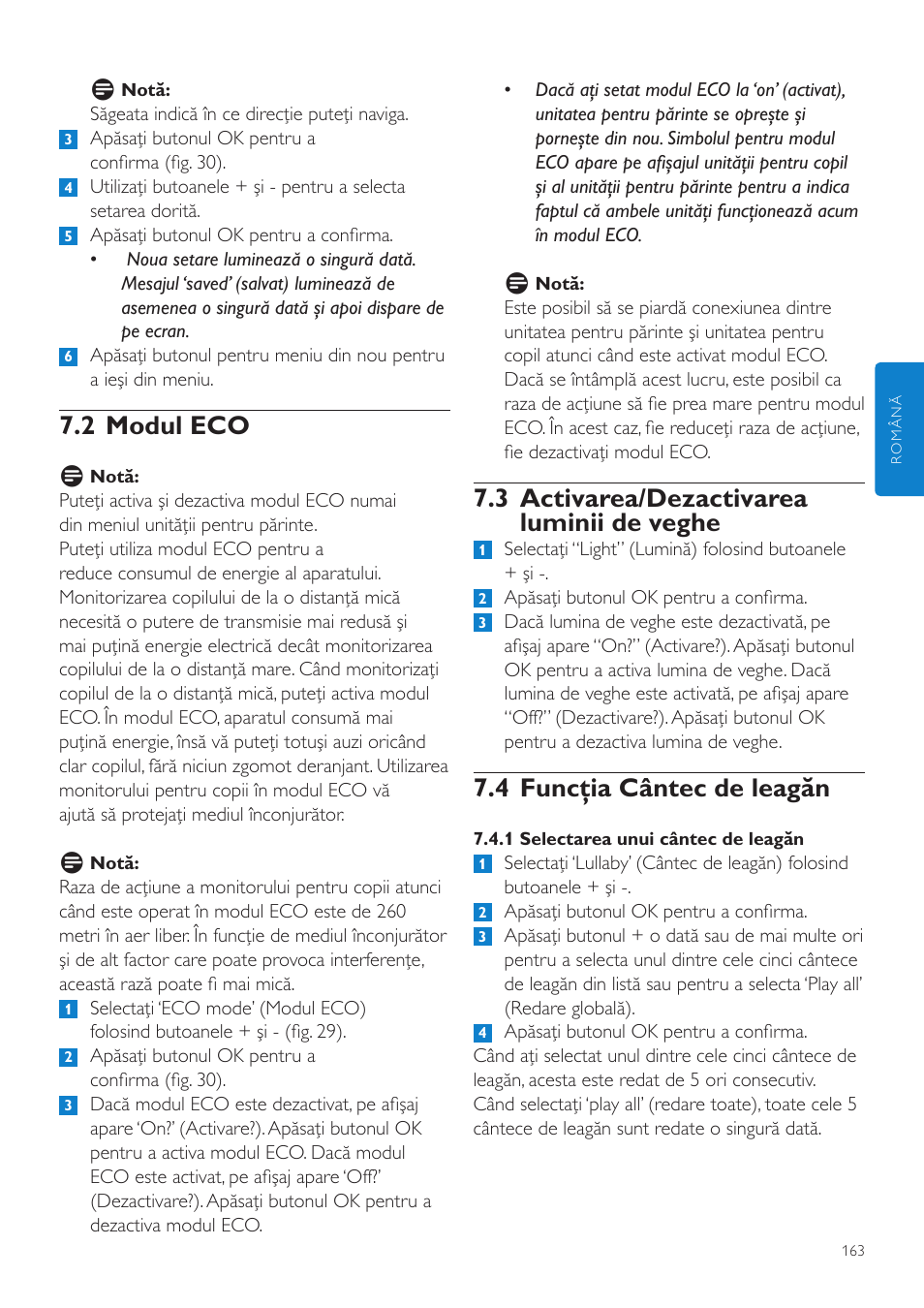 3 activarea/dezactivarea luminii de veghe, 4 funcţia cântec de leagăn, 2 modul eco | Philips SCD525 User Manual | Page 163 / 252