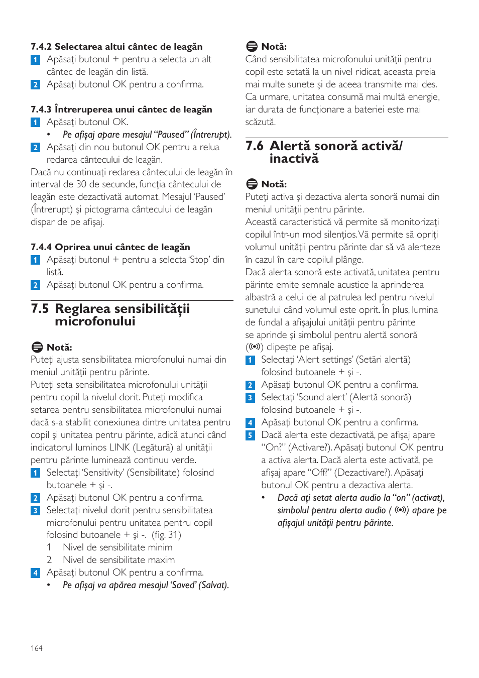 6 alertă sonoră activă/ inactivă, 5 reglarea sensibilităţii microfonului | Philips SCD525 User Manual | Page 164 / 252