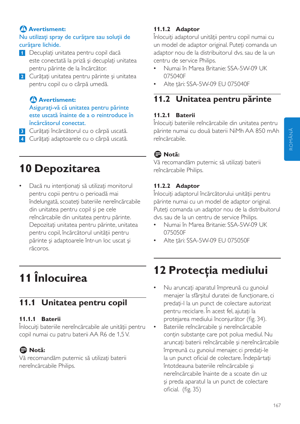 12 protecţia mediului, 10 depozitarea, 11 înlocuirea | 2 unitatea pentru părinte, 1 unitatea pentru copil | Philips SCD525 User Manual | Page 167 / 252