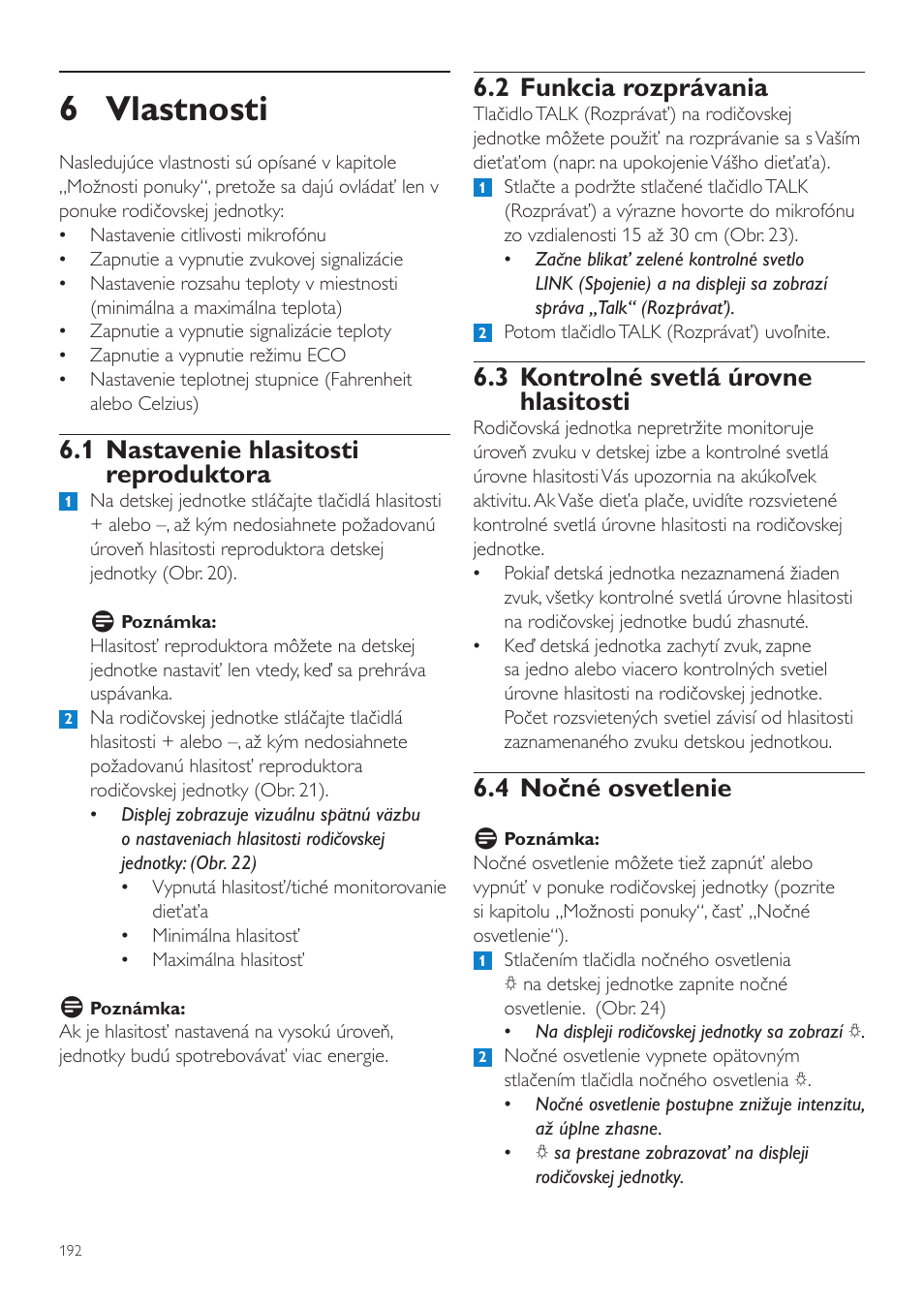 6 vlastnosti, 2 funkcia rozprávania, 3 kontrolné svetlá úrovne hlasitosti | 4 nočné osvetlenie, 1 nastavenie hlasitosti reproduktora | Philips SCD525 User Manual | Page 192 / 252