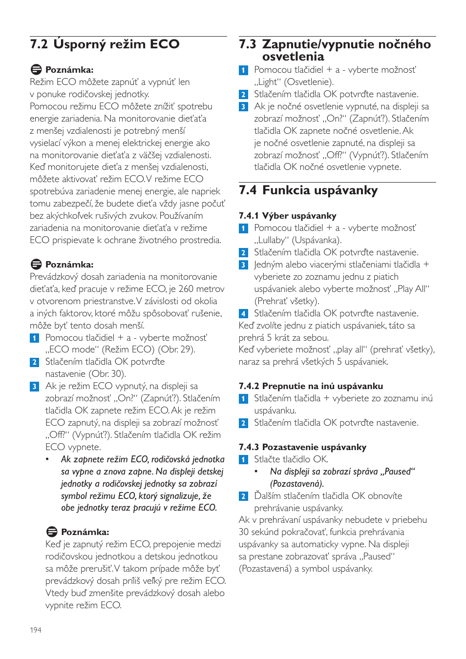 3 zapnutie/vypnutie nočného osvetlenia, 4 funkcia uspávanky, 2 úsporný režim eco | Philips SCD525 User Manual | Page 194 / 252