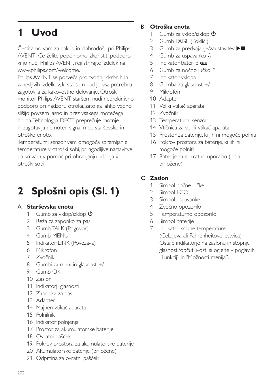 Sl uporabniški priročnik, 1 uvod, 2 splošni opis (sl. 1) | Philips SCD525 User Manual | Page 202 / 252