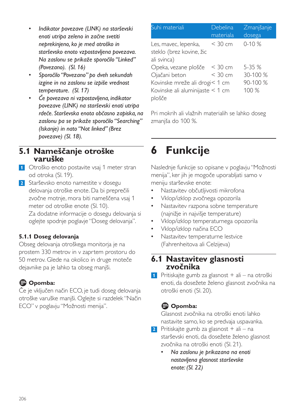 6 funkcije, 1 nastavitev glasnosti zvočnika, 1 nameščanje otroške varuške | Philips SCD525 User Manual | Page 206 / 252