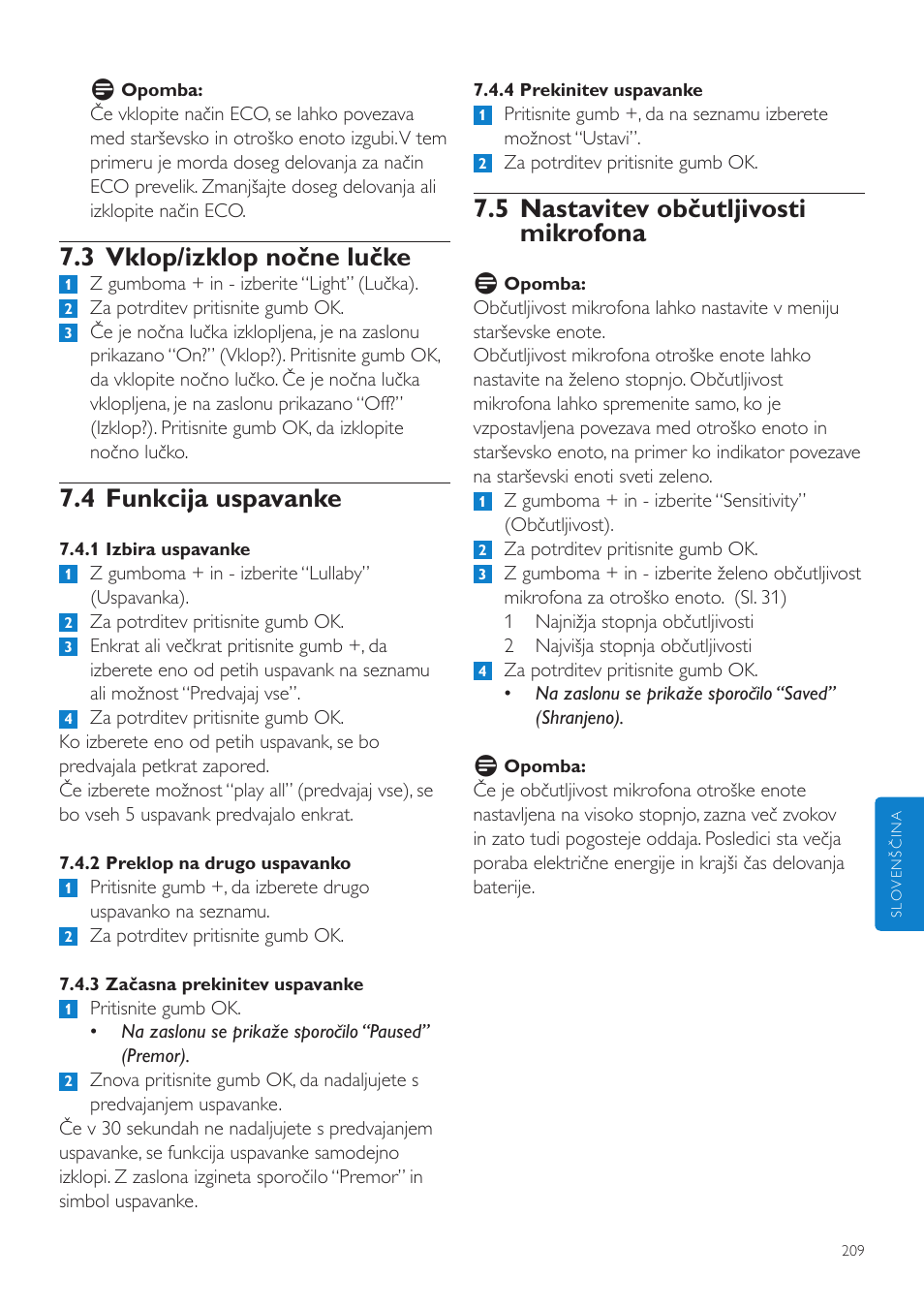 5 nastavitev občutljivosti mikrofona, 3 vklop/izklop nočne lučke, 4 funkcija uspavanke | Philips SCD525 User Manual | Page 209 / 252