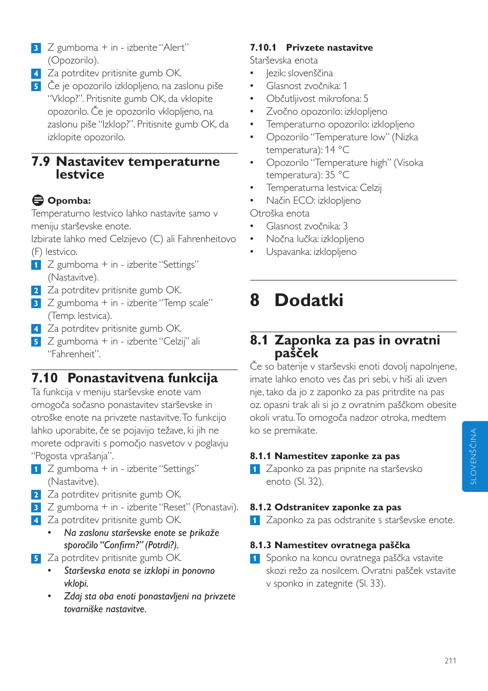 8 dodatki, 1 zaponka za pas in ovratni pašček, 9 nastavitev temperaturne lestvice | 10 ponastavitvena funkcija | Philips SCD525 User Manual | Page 211 / 252