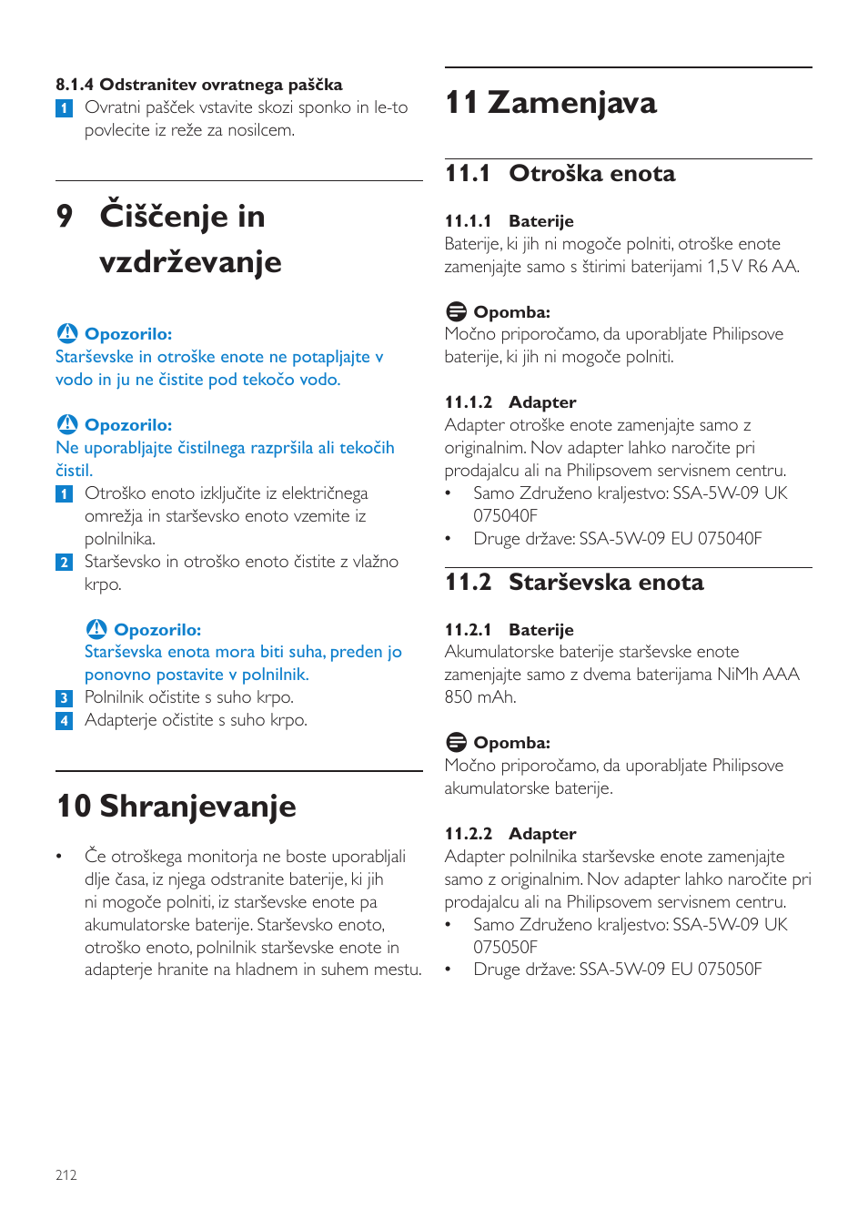 11 zamenjava, 9 čiščenje in vzdrževanje, 10 shranjevanje | 1 otroška enota, 2 starševska enota | Philips SCD525 User Manual | Page 212 / 252