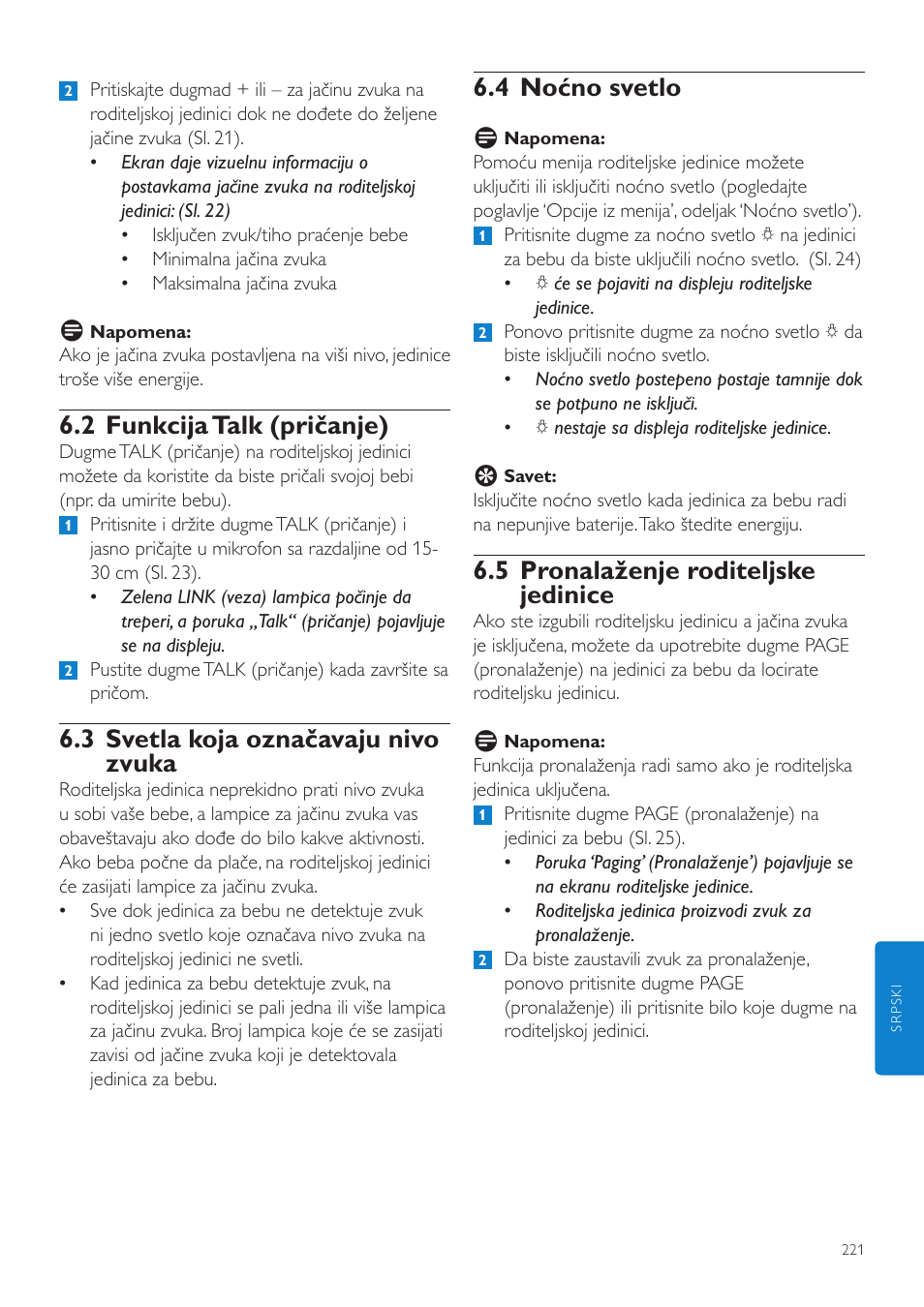 4 noćno svetlo, 5 pronalaženje roditeljske jedinice, 2 funkcija talk (pričanje) | 3 svetla koja označavaju nivo zvuka | Philips SCD525 User Manual | Page 221 / 252