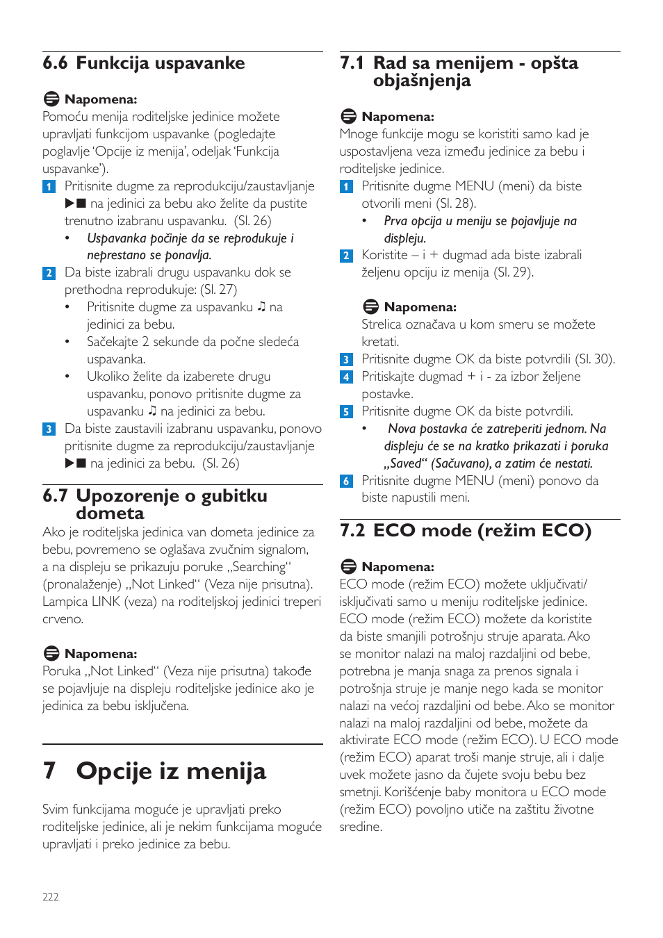 7 opcije iz menija, 1 rad sa menijem - opšta objašnjenja, 2 eco mode (režim eco) | 6 funkcija uspavanke, 7 upozorenje o gubitku dometa | Philips SCD525 User Manual | Page 222 / 252