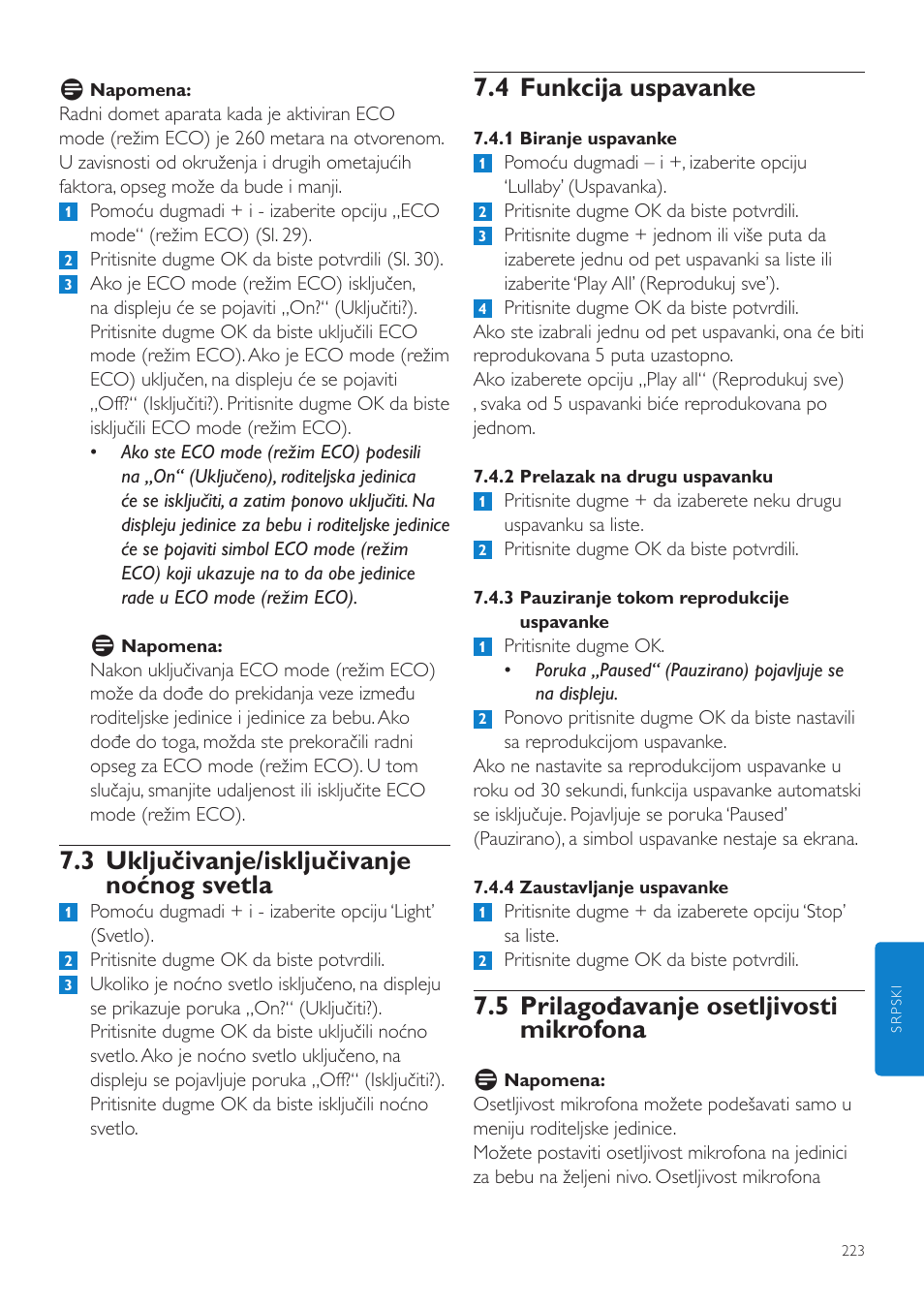 4 funkcija uspavanke, 5 prilagođavanje osetljivosti mikrofona, 3 uključivanje/isključivanje noćnog svetla | Philips SCD525 User Manual | Page 223 / 252
