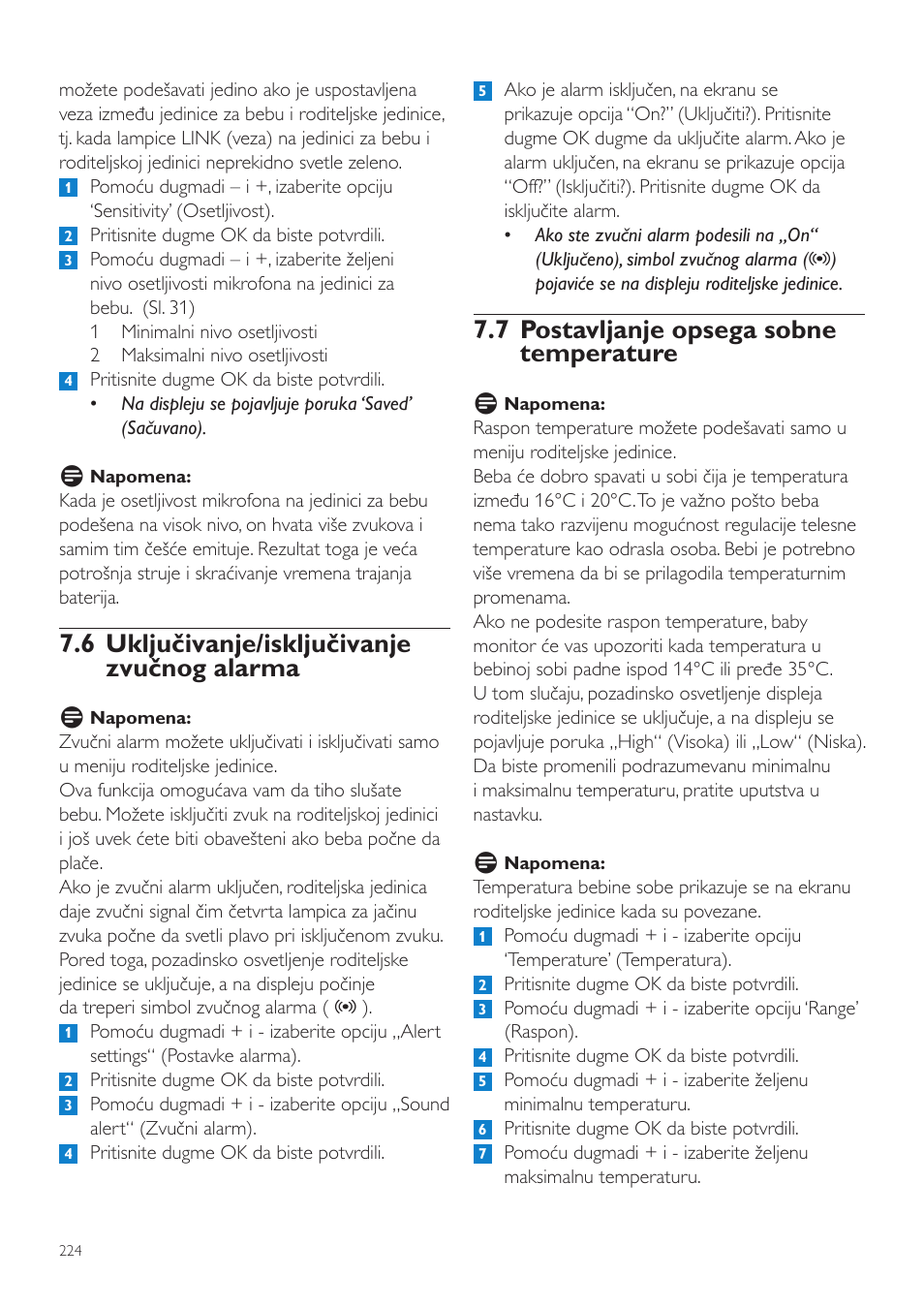 7 postavljanje opsega sobne temperature, 6 uključivanje/isključivanje zvučnog alarma | Philips SCD525 User Manual | Page 224 / 252