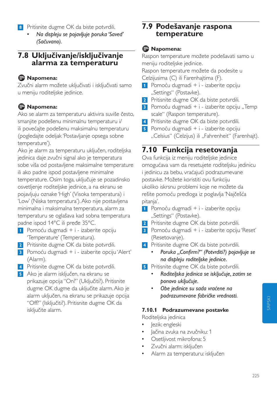 9 podešavanje raspona temperature, 10 funkcija resetovanja, 8 uključivanje/isključivanje alarma za temperaturu | Philips SCD525 User Manual | Page 225 / 252