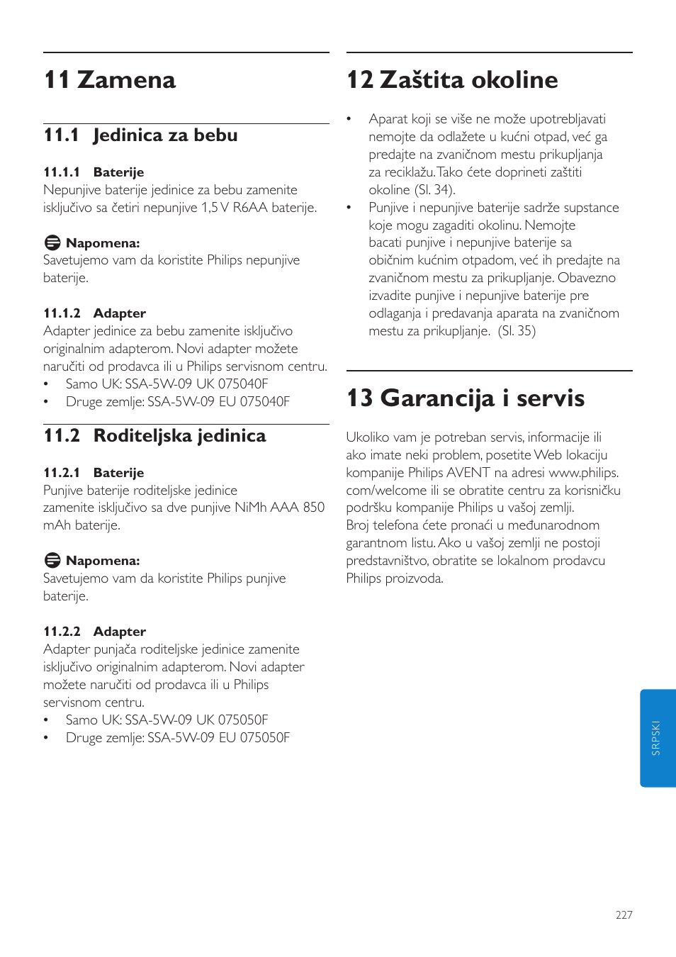 12 zaštita okoline, 13 garancija i servis, 11 zamena | 1 jedinica za bebu, 2 roditeljska jedinica | Philips SCD525 User Manual | Page 227 / 252