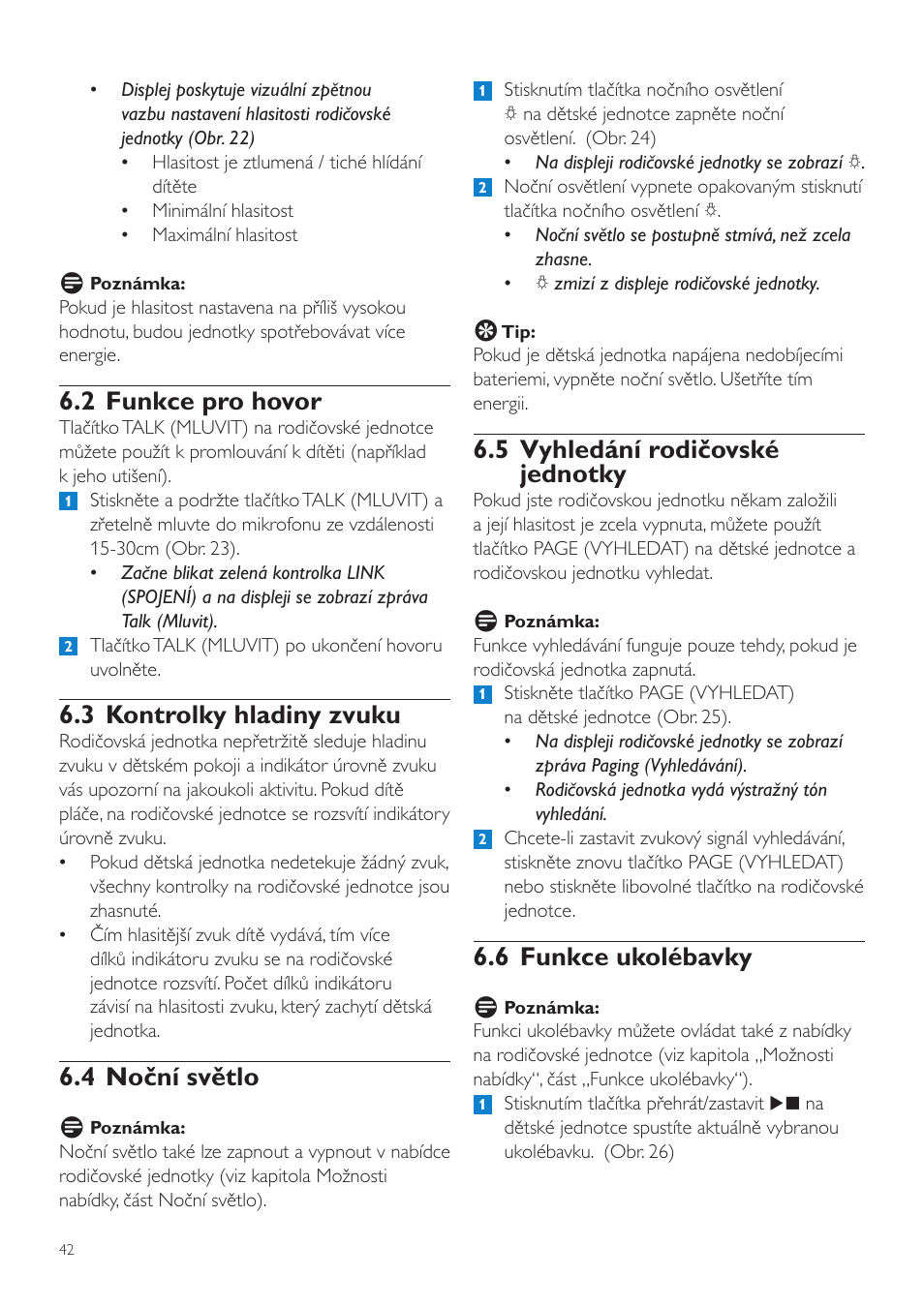 5 vyhledání rodičovské jednotky, 6 funkce ukolébavky, 2 funkce pro hovor | 3 kontrolky hladiny zvuku, 4 noční světlo | Philips SCD525 User Manual | Page 42 / 252