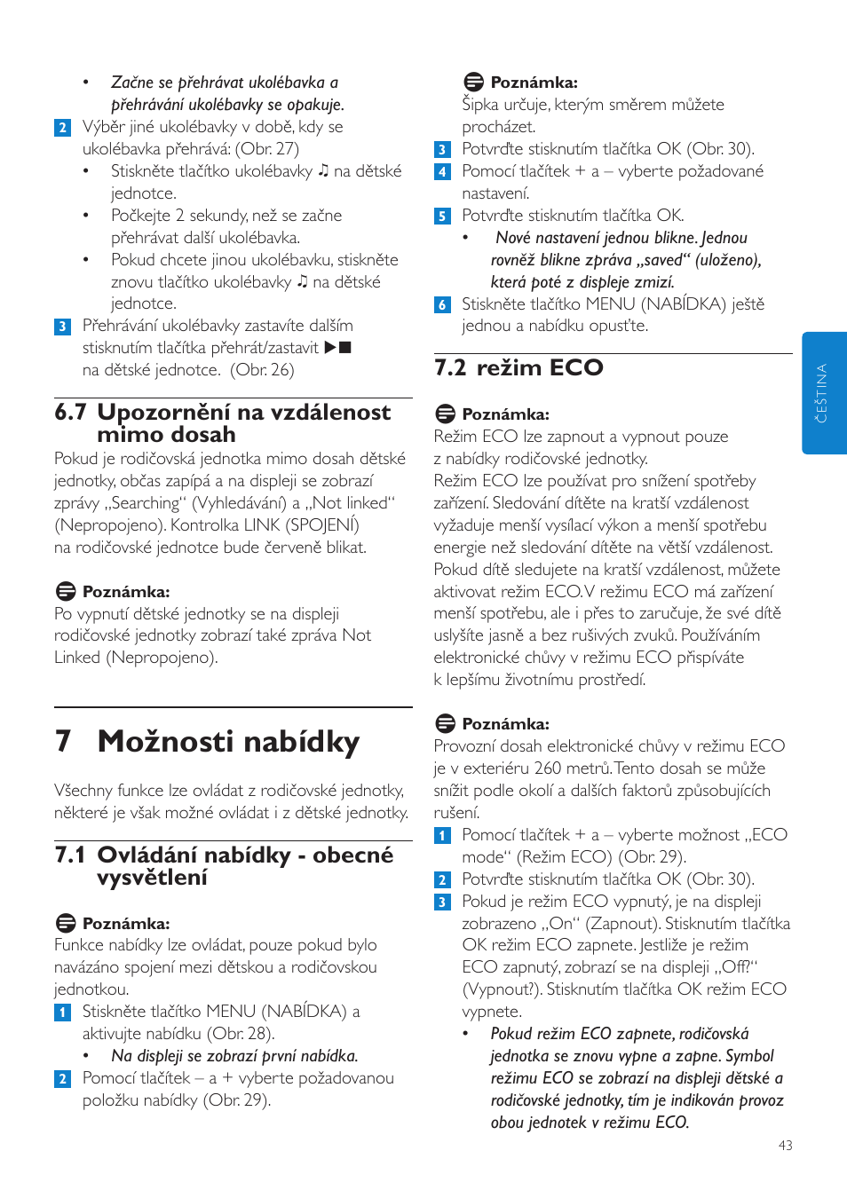 7 možnosti nabídky, 2 režim eco, 7 upozornění na vzdálenost mimo dosah | 1 ovládání nabídky - obecné vysvětlení | Philips SCD525 User Manual | Page 43 / 252