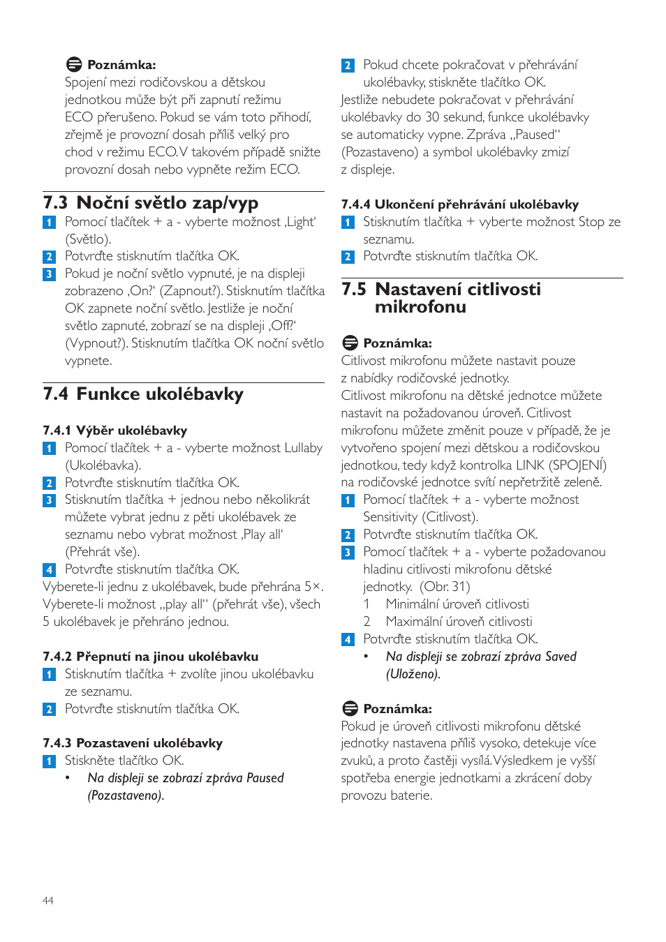 5 nastavení citlivosti mikrofonu, 3 noční světlo zap/vyp, 4 funkce ukolébavky | Philips SCD525 User Manual | Page 44 / 252