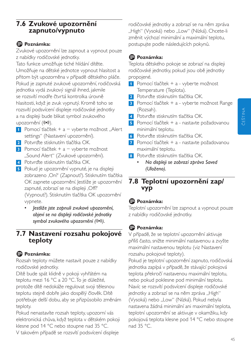 8 teplotní upozornění zap/ vyp, 6 zvukové upozornění zapnuto/vypnuto, 7 nastavení rozsahu pokojové teploty | Philips SCD525 User Manual | Page 45 / 252