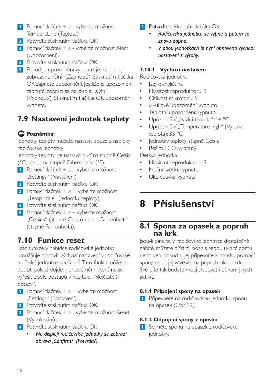 8 příslušenství, 1 spona za opasek a popruh na krk, 10 funkce reset | Philips SCD525 User Manual | Page 46 / 252