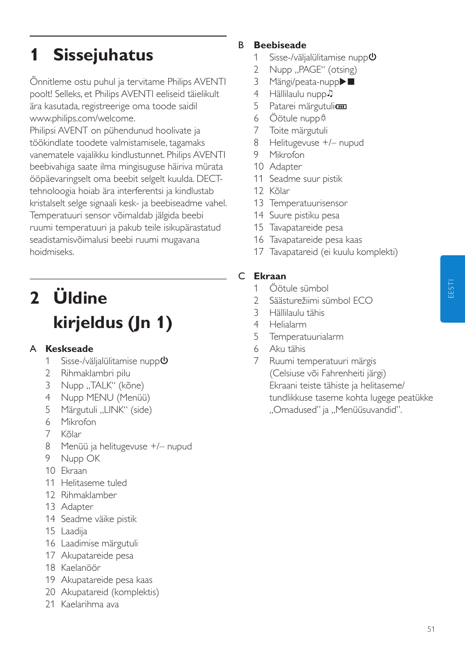 Et kasutusjuhend, 1 sissejuhatus, 2 üldine kirjeldus (jn 1) | Philips SCD525 User Manual | Page 51 / 252