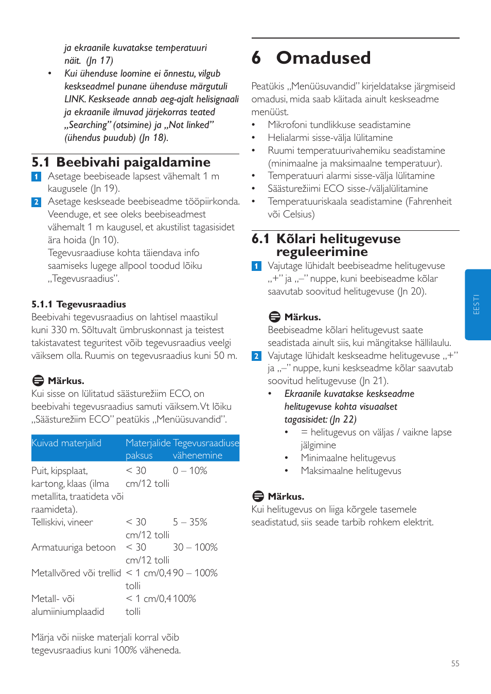 6 omadused, 1 kõlari helitugevuse reguleerimine, 1 beebivahi paigaldamine | Philips SCD525 User Manual | Page 55 / 252
