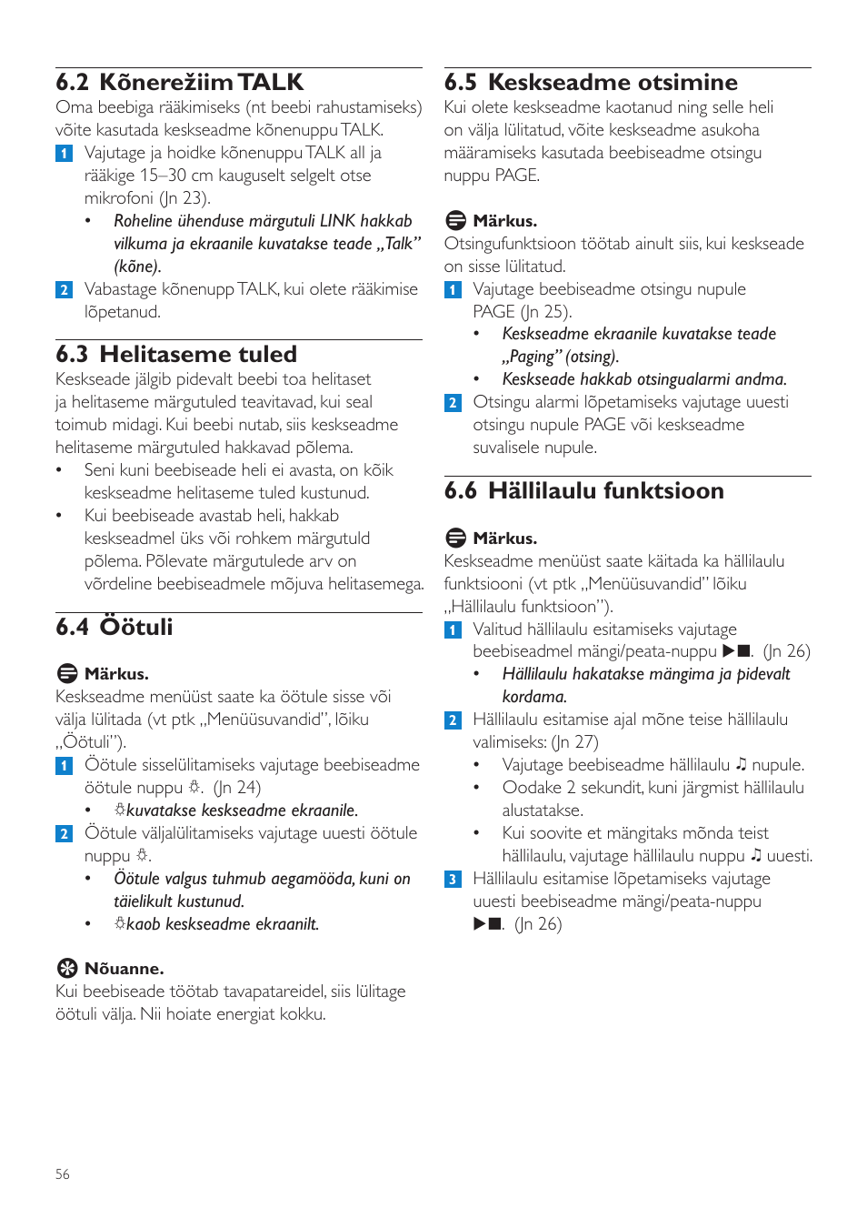 5 keskseadme otsimine, 6 hällilaulu funktsioon, 2 kõnerežiim talk | 3 helitaseme tuled, 4 öötuli | Philips SCD525 User Manual | Page 56 / 252