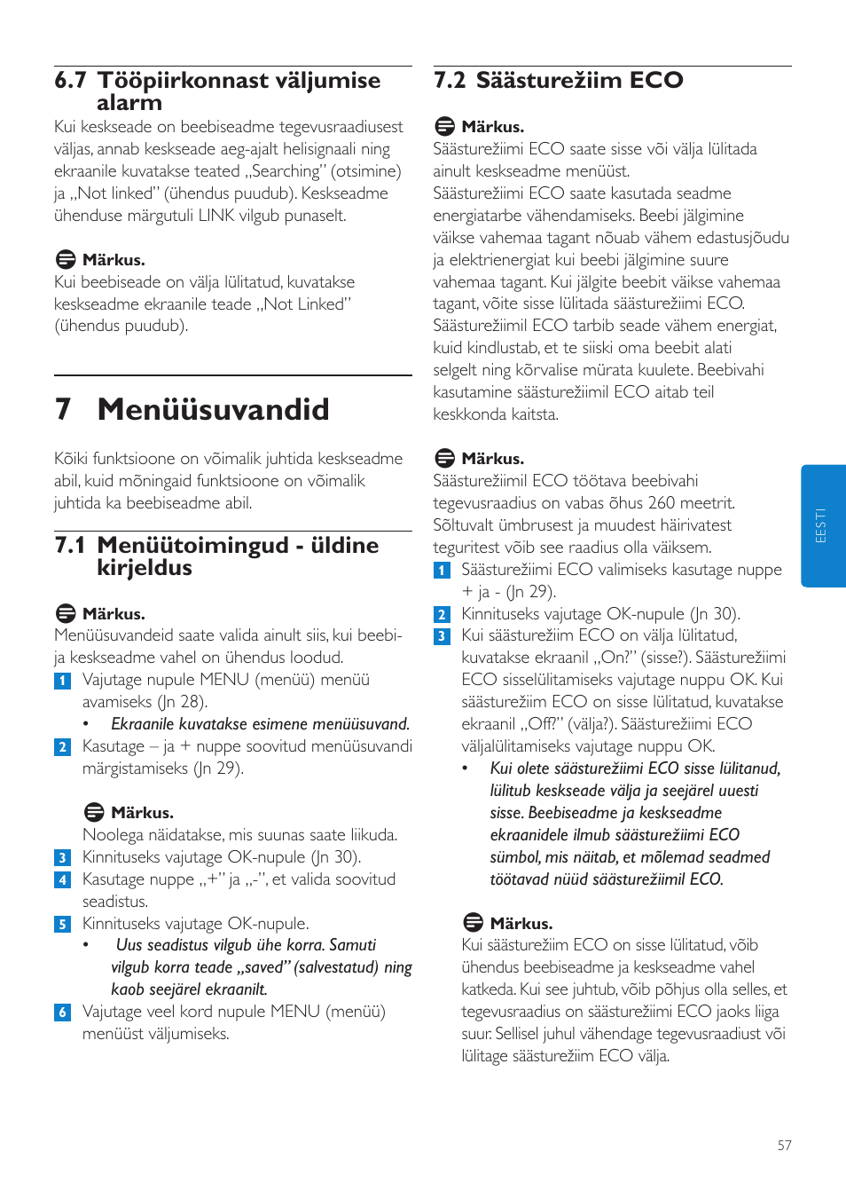 7 menüüsuvandid, 2 säästurežiim eco, 7 tööpiirkonnast väljumise alarm | 1 menüütoimingud - üldine kirjeldus | Philips SCD525 User Manual | Page 57 / 252