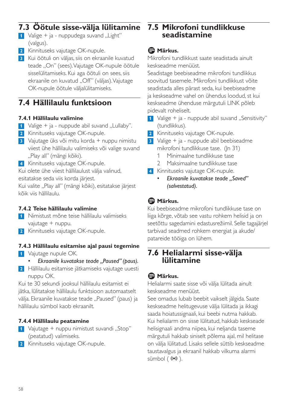 5 mikrofoni tundlikkuse seadistamine, 6 helialarmi sisse-välja lülitamine, 3 öötule sisse-välja lülitamine | 4 hällilaulu funktsioon | Philips SCD525 User Manual | Page 58 / 252