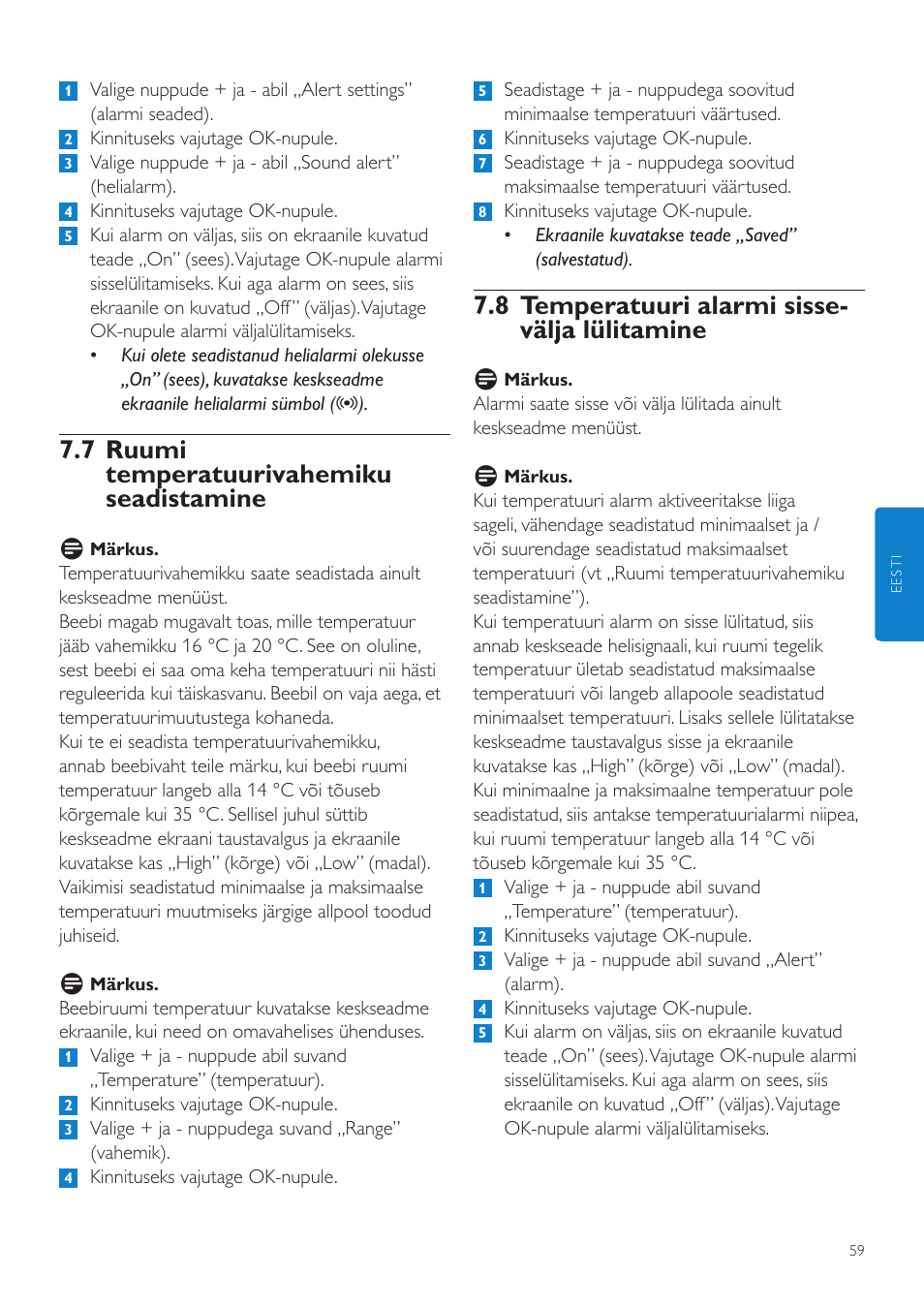 8 temperatuuri alarmi sisse- välja lülitamine, 7 ruumi temperatuurivahemiku seadistamine | Philips SCD525 User Manual | Page 59 / 252