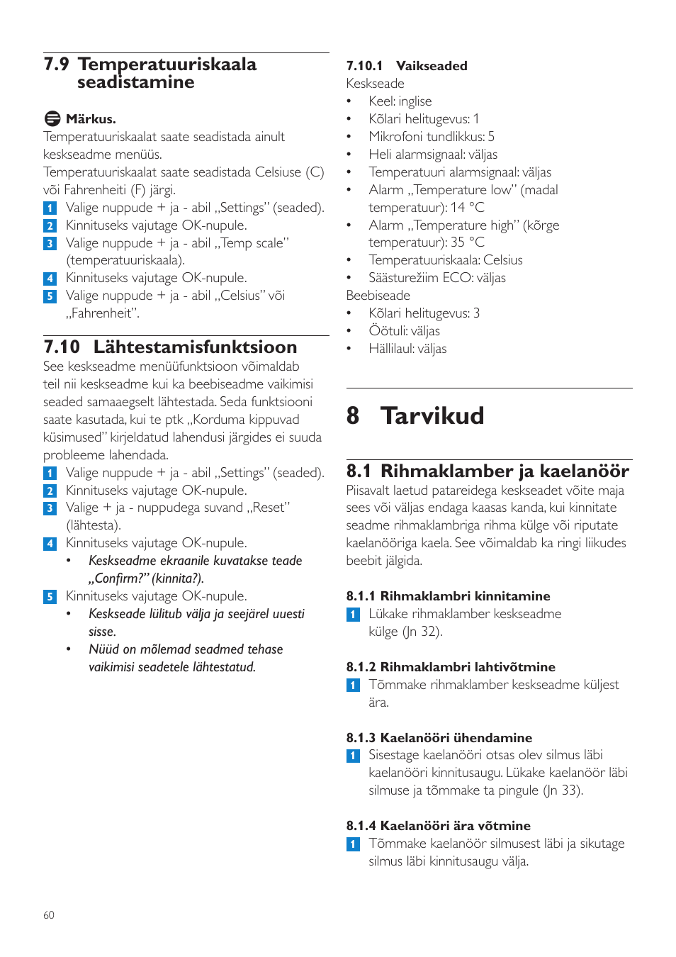 8 tarvikud, 1 rihmaklamber ja kaelanöör, 9 temperatuuriskaala seadistamine | 10 lähtestamisfunktsioon | Philips SCD525 User Manual | Page 60 / 252