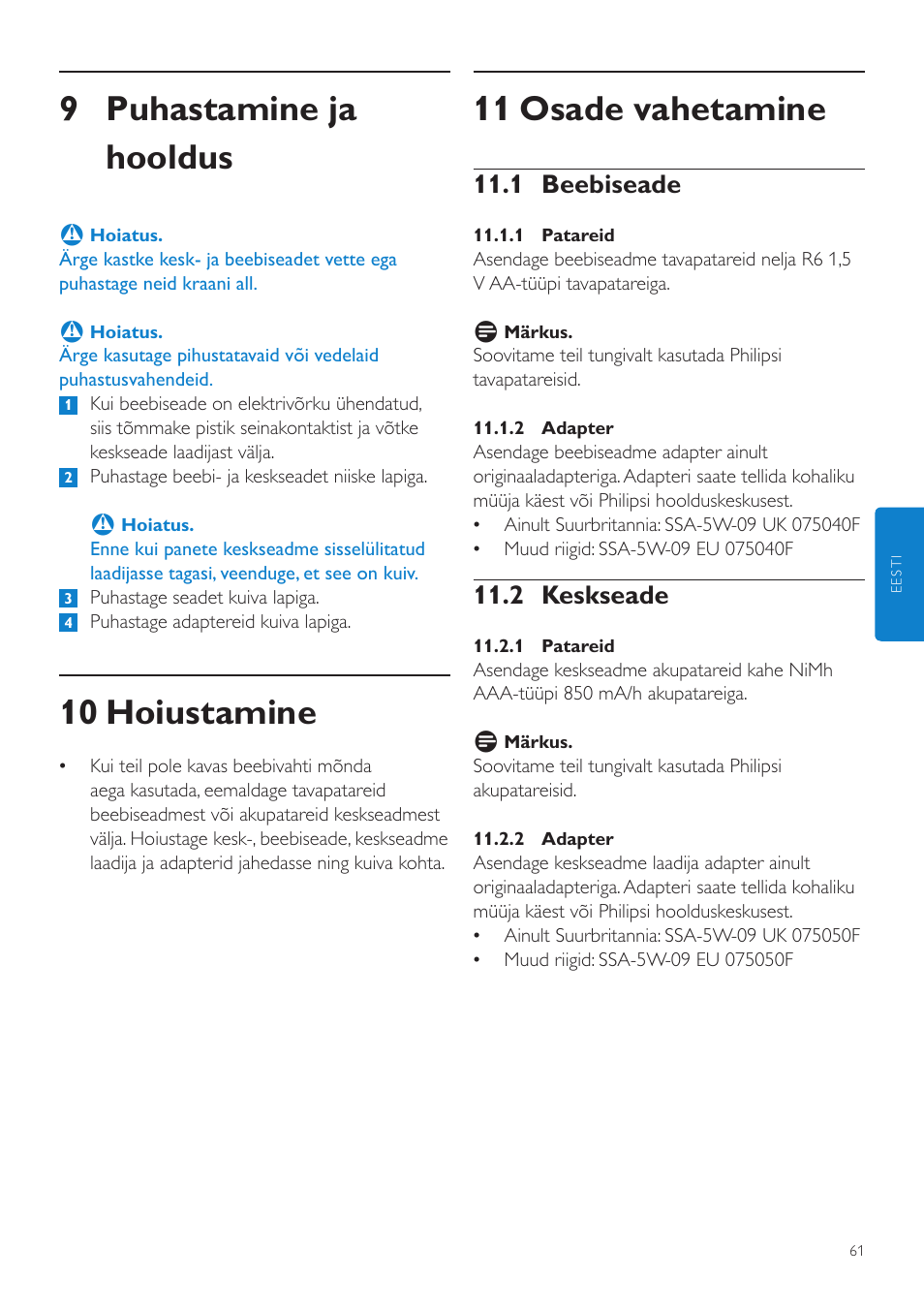 11 osade vahetamine, 9 puhastamine ja hooldus, 10 hoiustamine | 1 beebiseade, 2 keskseade | Philips SCD525 User Manual | Page 61 / 252