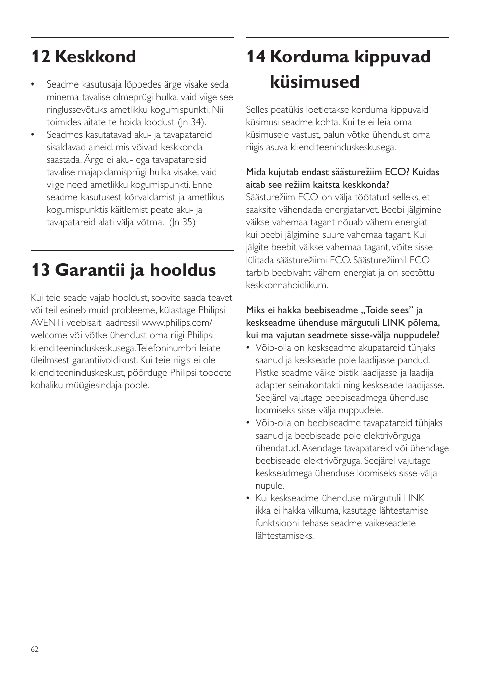 14 korduma kippuvad küsimused, 12 keskkond, 13 garantii ja hooldus | Philips SCD525 User Manual | Page 62 / 252