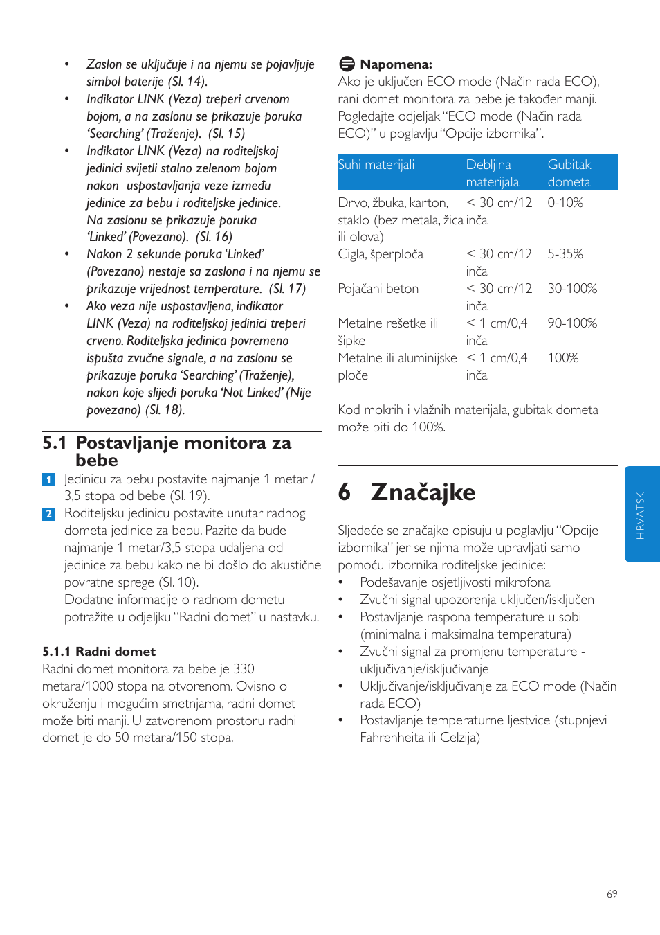 6 značajke, 1 postavljanje monitora za bebe | Philips SCD525 User Manual | Page 69 / 252