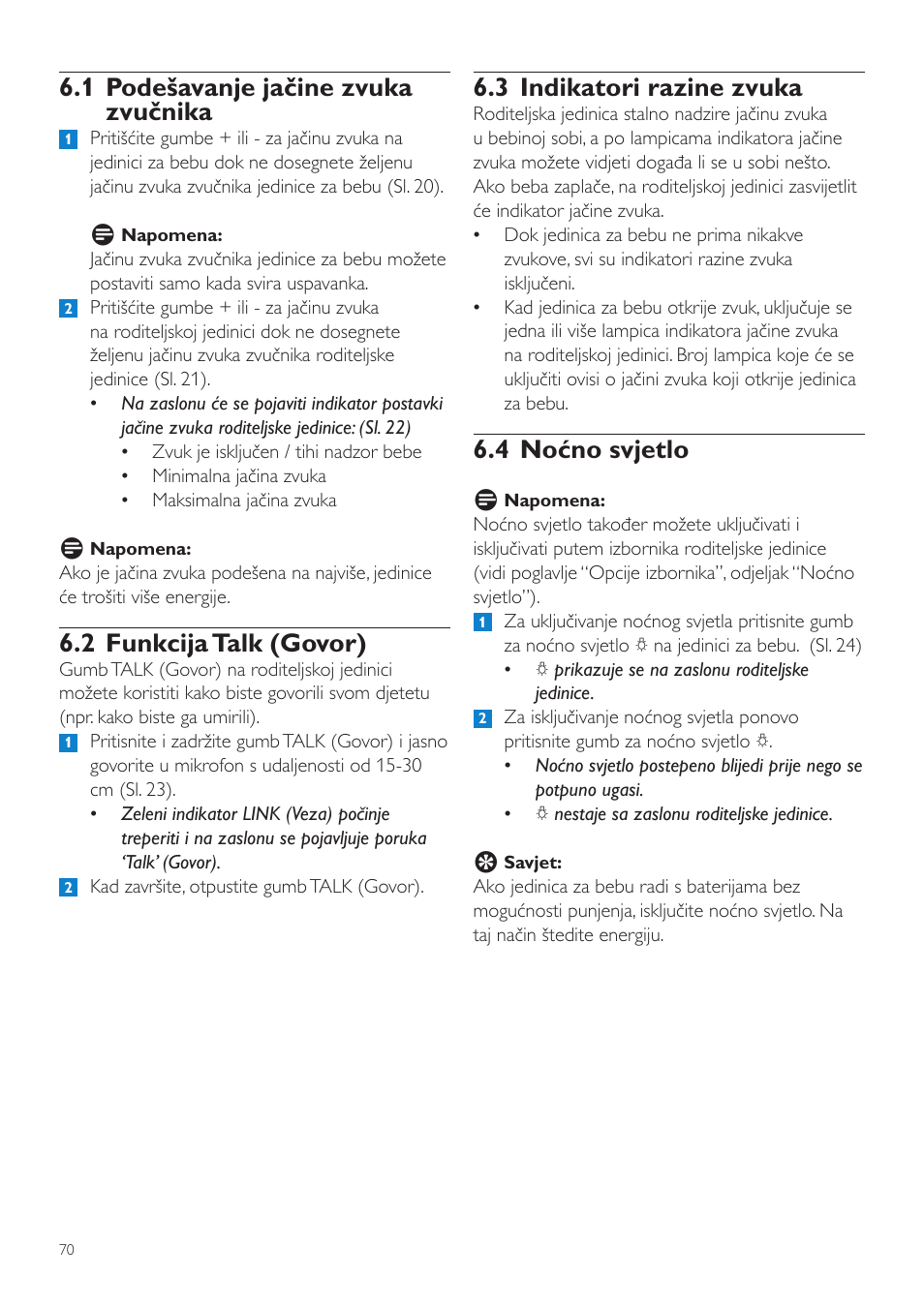 3 indikatori razine zvuka, 4 noćno svjetlo, 1 podešavanje jačine zvuka zvučnika | 2 funkcija talk (govor) | Philips SCD525 User Manual | Page 70 / 252