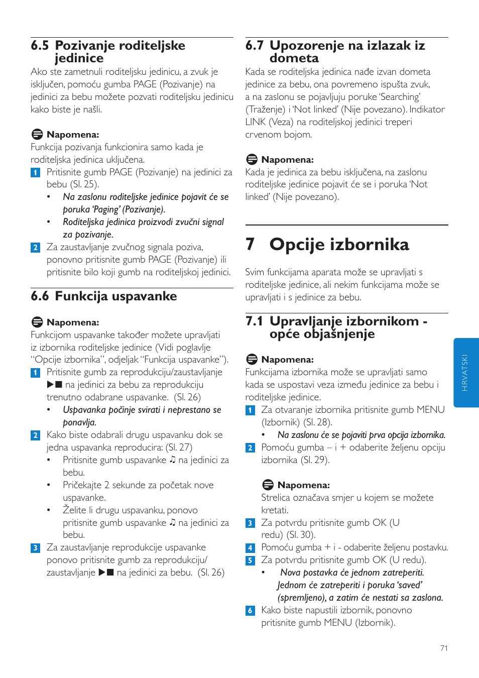 7 opcije izbornika, 7 upozorenje na izlazak iz dometa, 1 upravljanje izbornikom - opće objašnjenje | 5 pozivanje roditeljske jedinice, 6 funkcija uspavanke | Philips SCD525 User Manual | Page 71 / 252